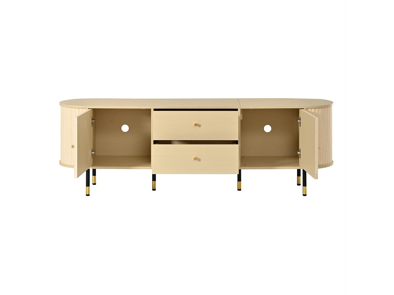 Meuble TV ovale 180 cm finition bois naturel avec 2 portes, 2 tiroirs et grand espace de rangement pour salon