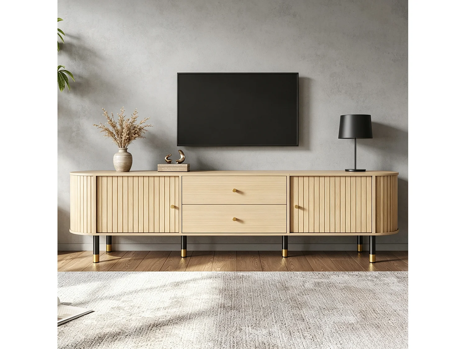 Meuble TV ovale 180 cm finition bois naturel avec 2 portes, 2 tiroirs et grand espace de rangement pour salon