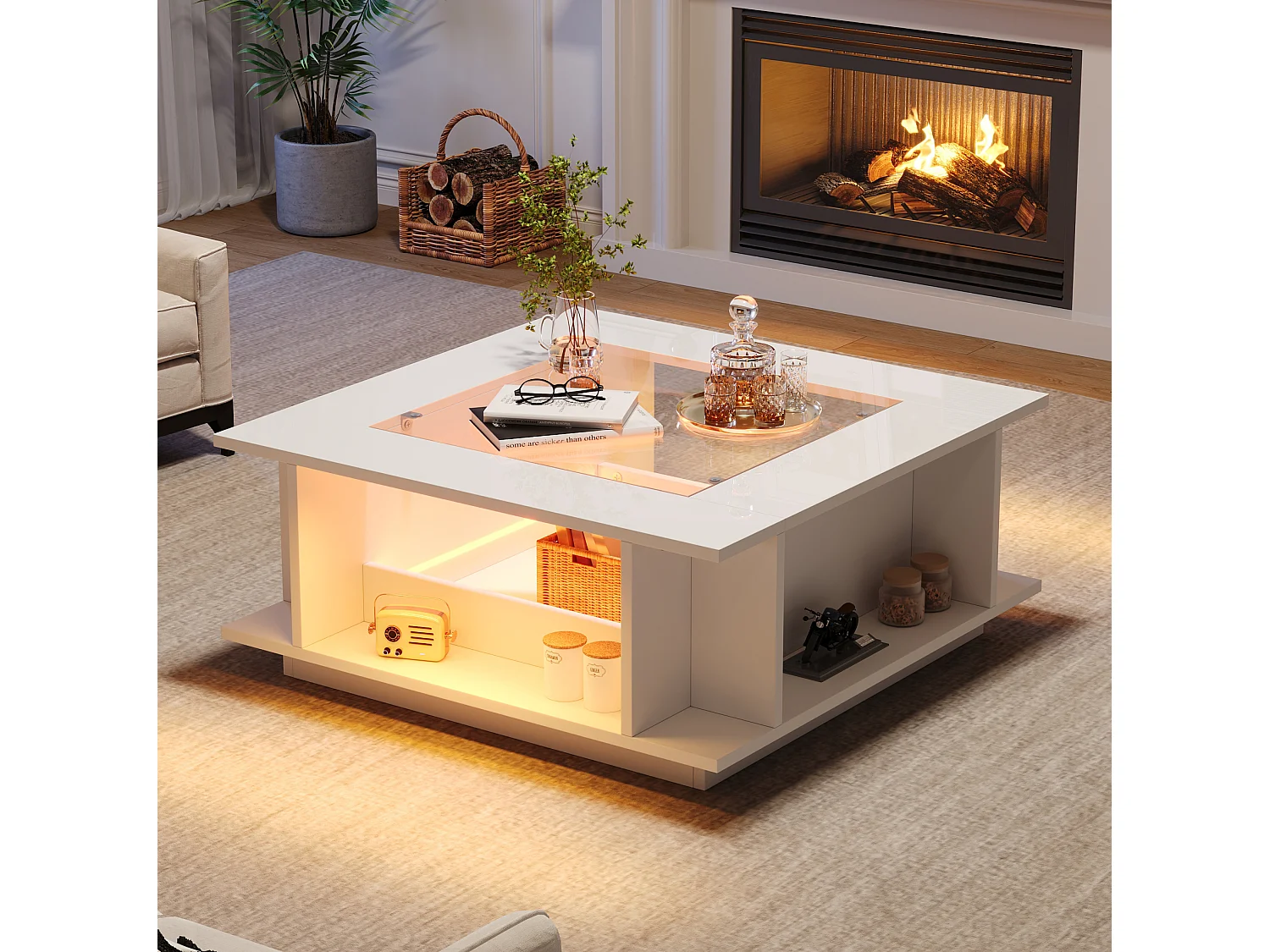 Tavolino quadrato 70x70x30 cm bianco lucido piano vetro illuminazione led per soggiorno, vani aperti