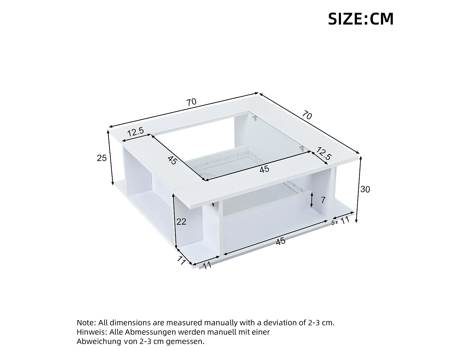 Tavolino quadrato 70x70x30 cm bianco lucido piano vetro illuminazione led per soggiorno, vani aperti