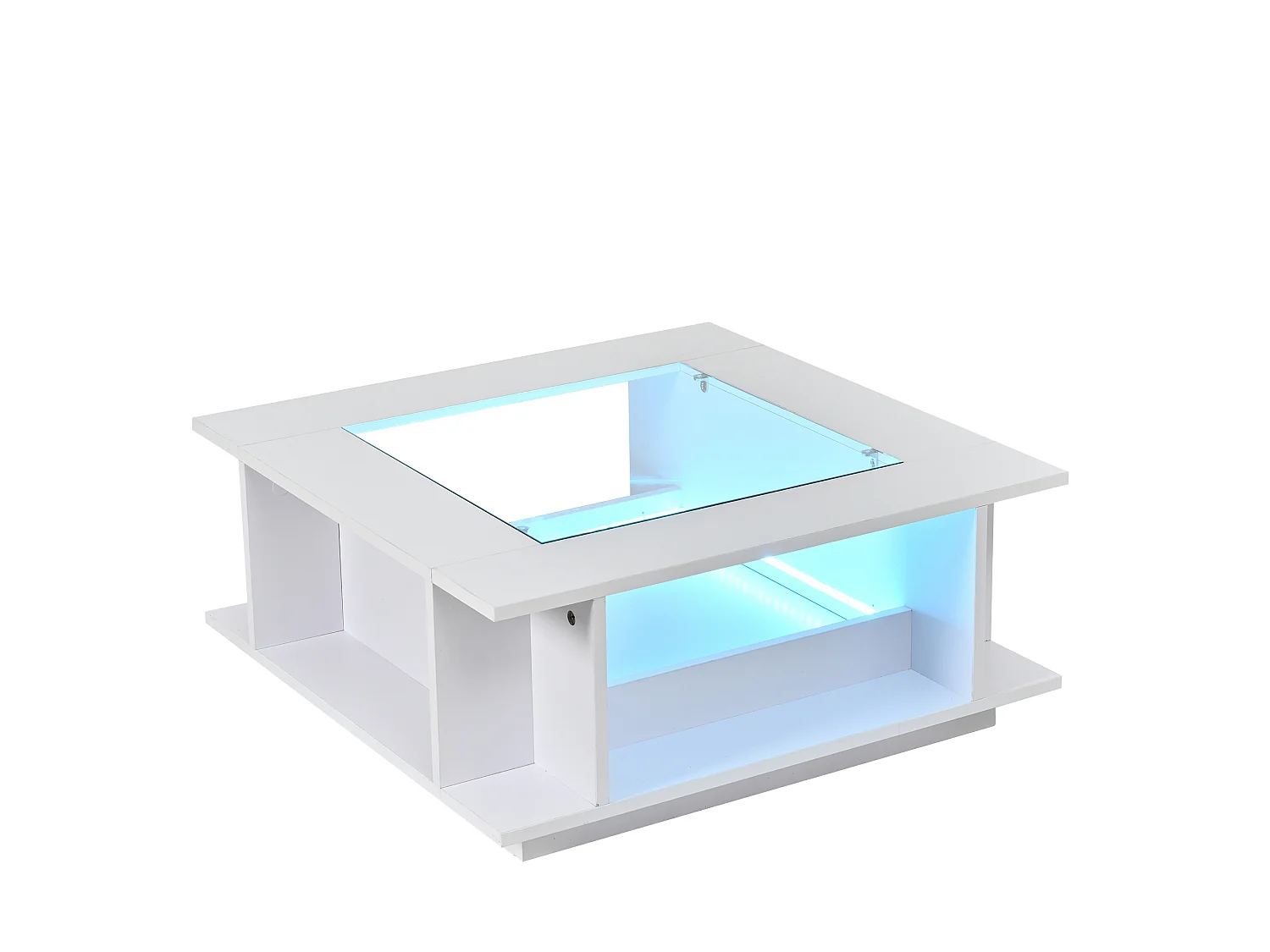 Tavolino quadrato 70x70x30 cm bianco lucido piano vetro illuminazione led per soggiorno, vani aperti