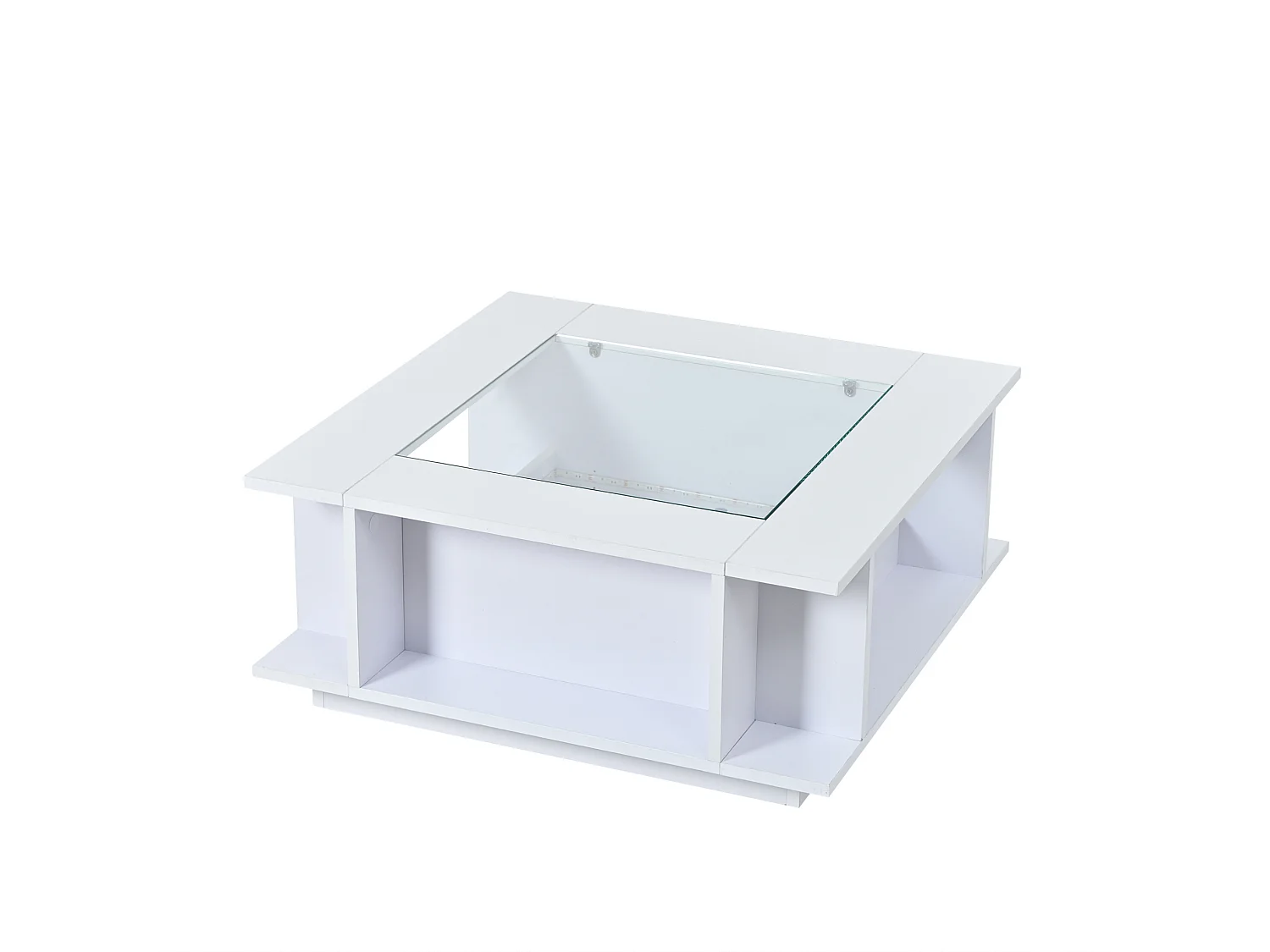 Tavolino quadrato 70x70x30 cm bianco lucido piano vetro illuminazione led per soggiorno, vani aperti