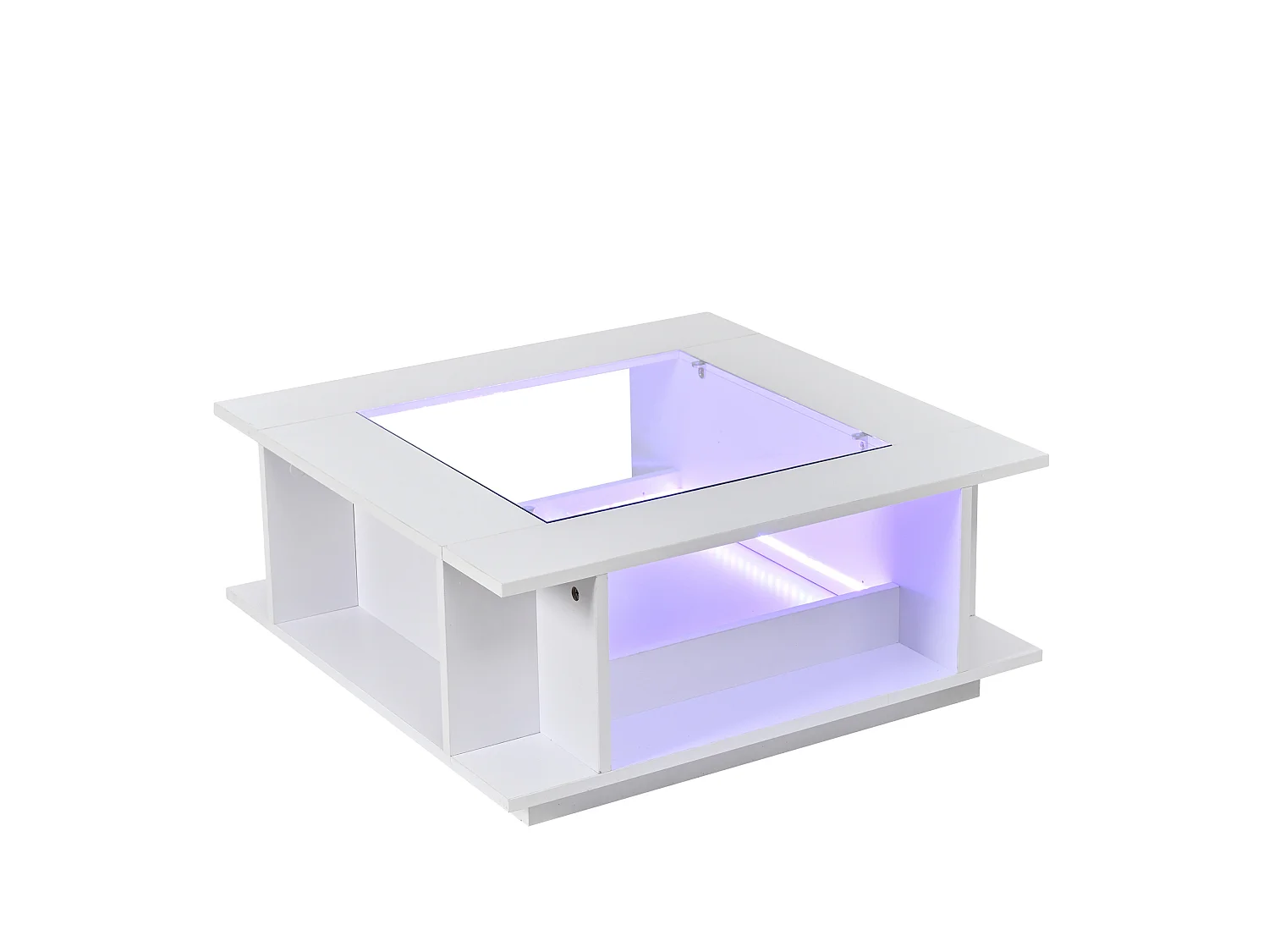 Tavolino quadrato 70x70x30 cm bianco lucido piano vetro illuminazione led per soggiorno, vani aperti