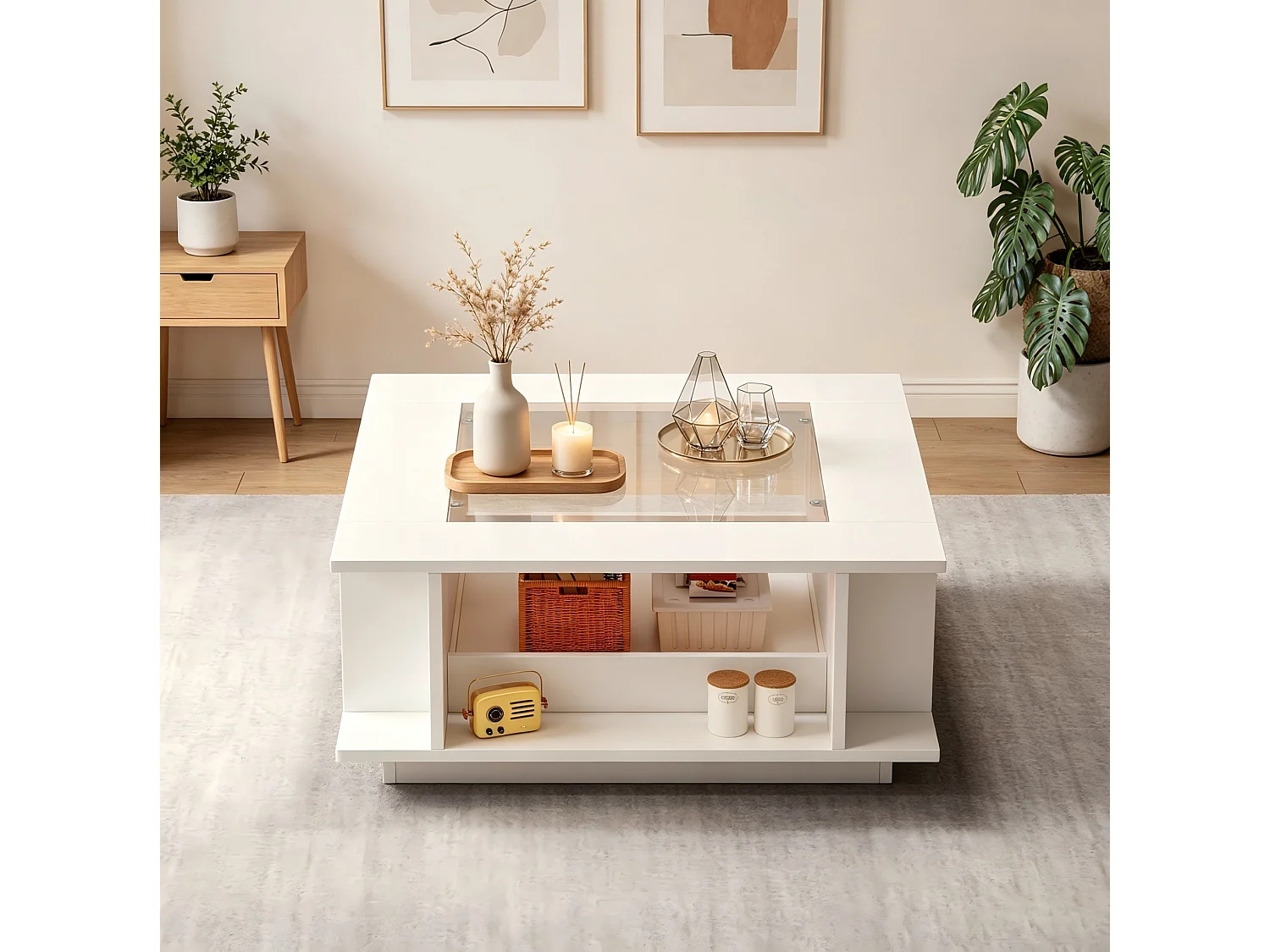 Tavolino quadrato 70x70x30 cm bianco lucido piano vetro illuminazione led per soggiorno, vani aperti