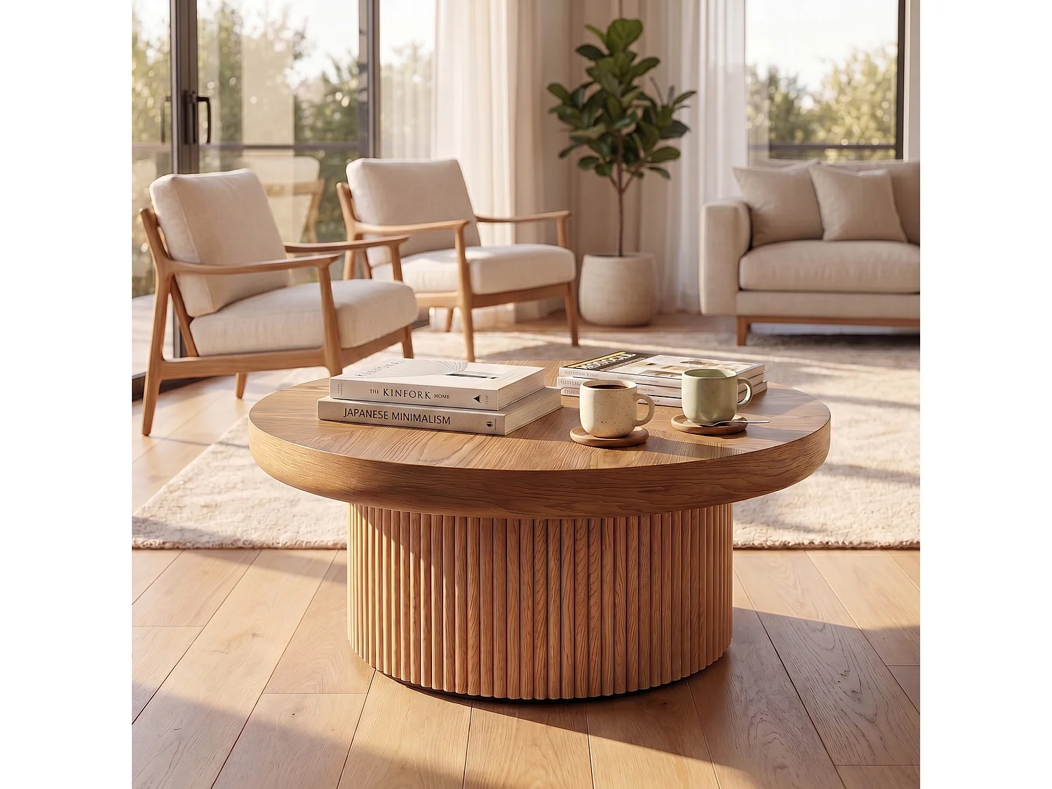 Tavolino basso rotondo diametro 78 cm finitura legno naturale per soggiorno, piano parquet spessore 8 cm, base cilindrica scanalata