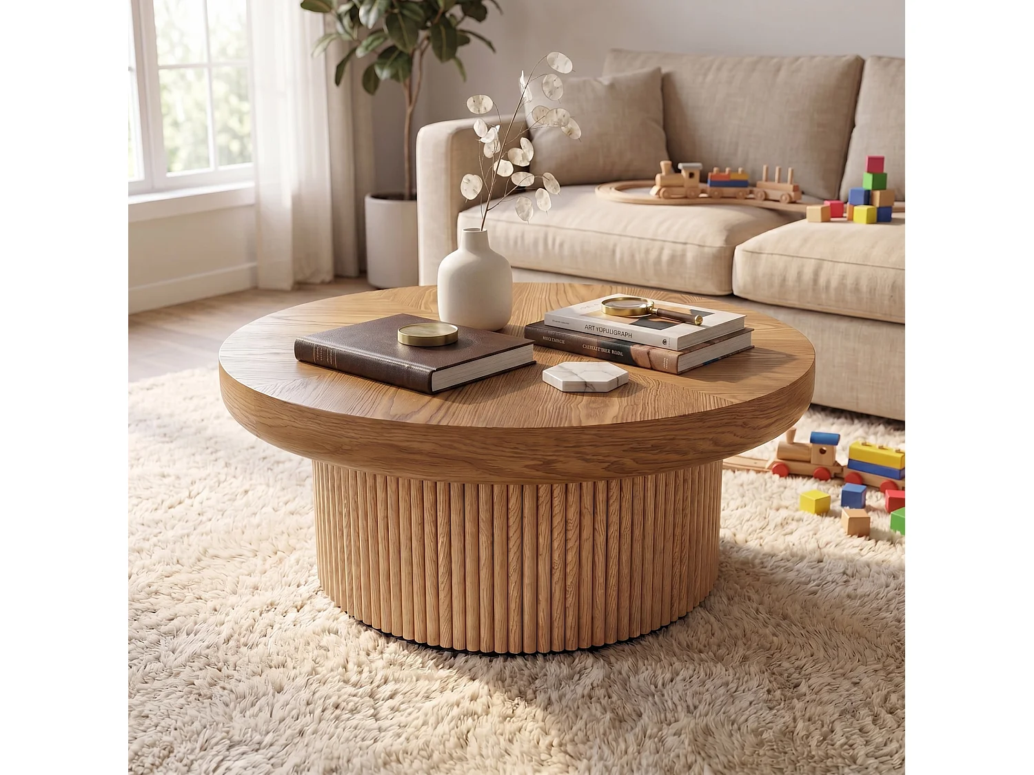 Tavolino basso rotondo diametro 78 cm finitura legno naturale per soggiorno, piano parquet spessore 8 cm, base cilindrica scanalata