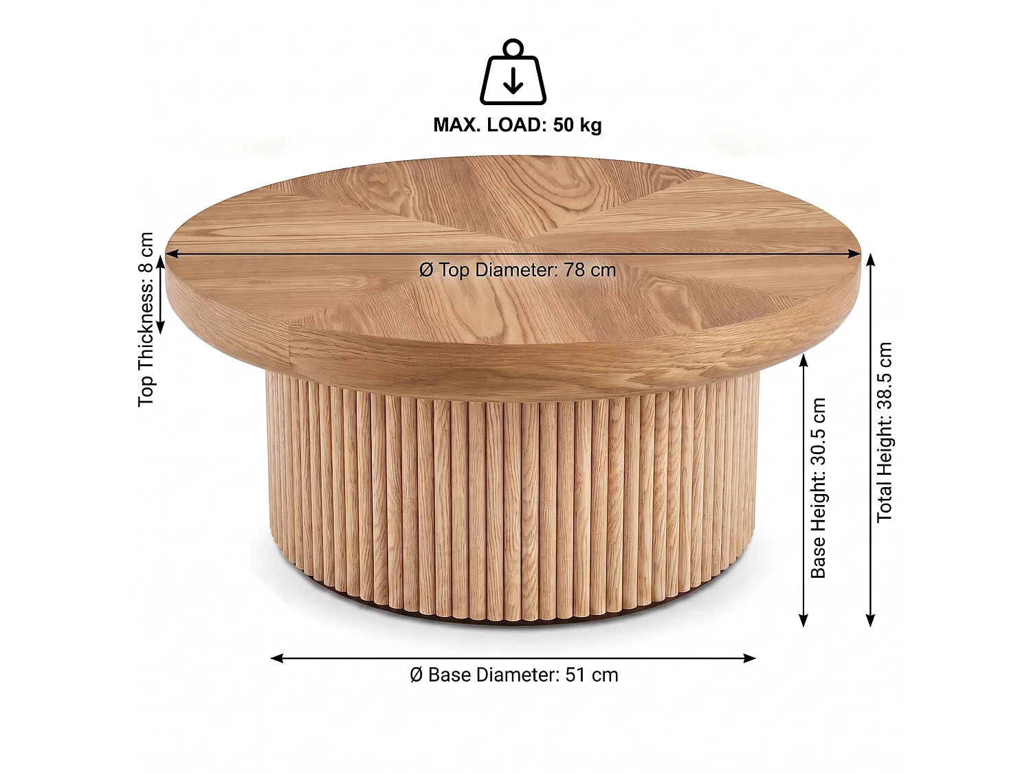 Tavolino basso rotondo diametro 78 cm finitura legno naturale per soggiorno, piano parquet spessore 8 cm, base cilindrica scanalata