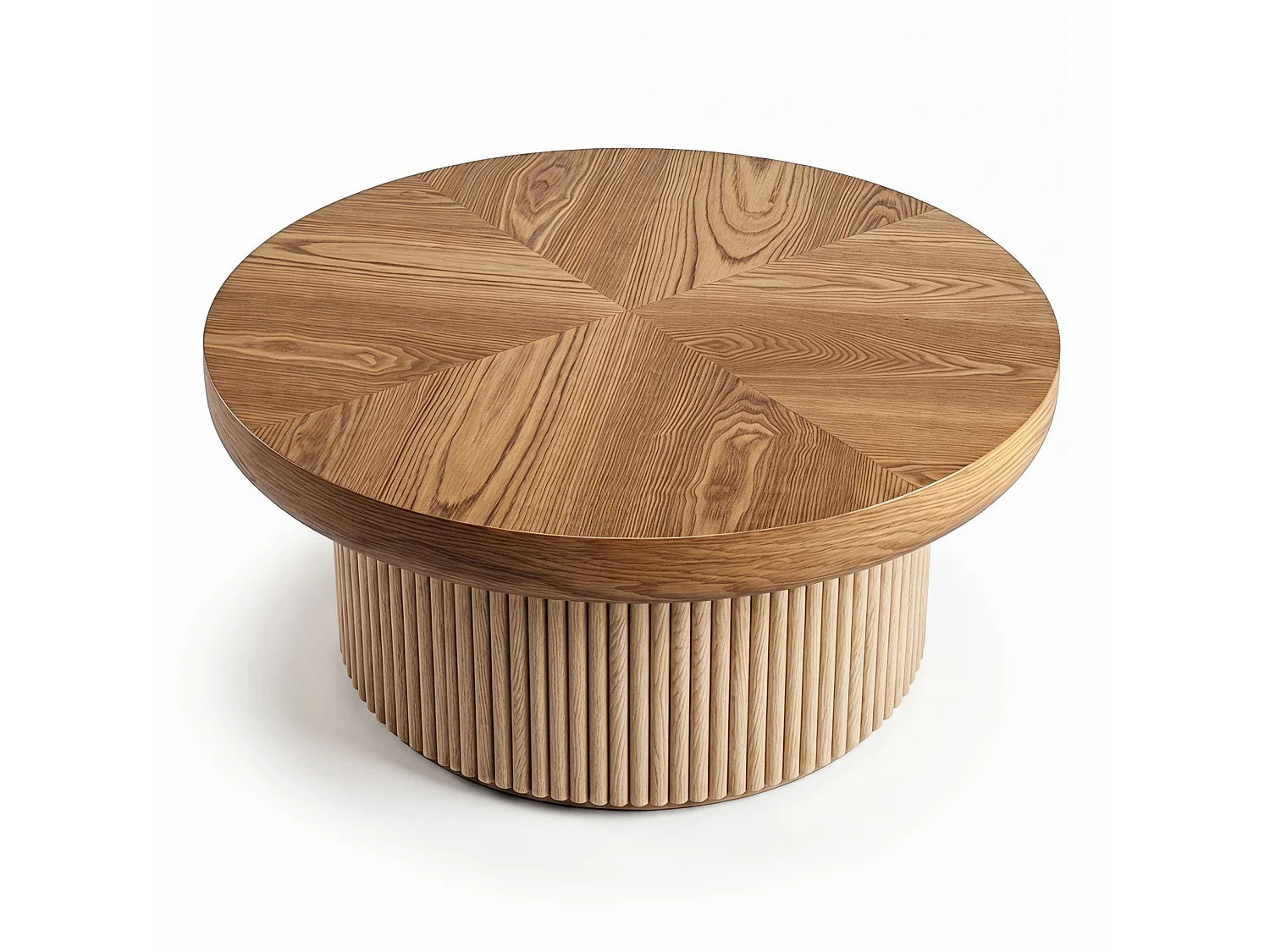 Tavolino basso rotondo diametro 78 cm finitura legno naturale per soggiorno, piano parquet spessore 8 cm, base cilindrica scanalata