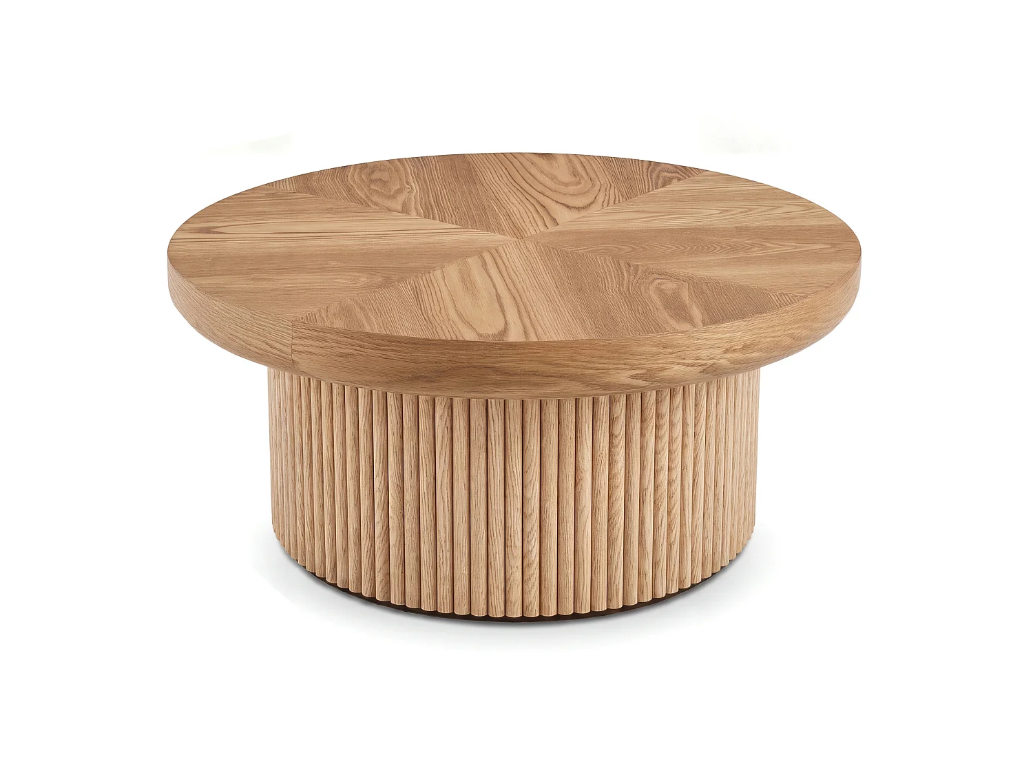 Tavolino basso rotondo diametro 78 cm finitura legno naturale per soggiorno, piano parquet spessore 8 cm, base cilindrica scanalata