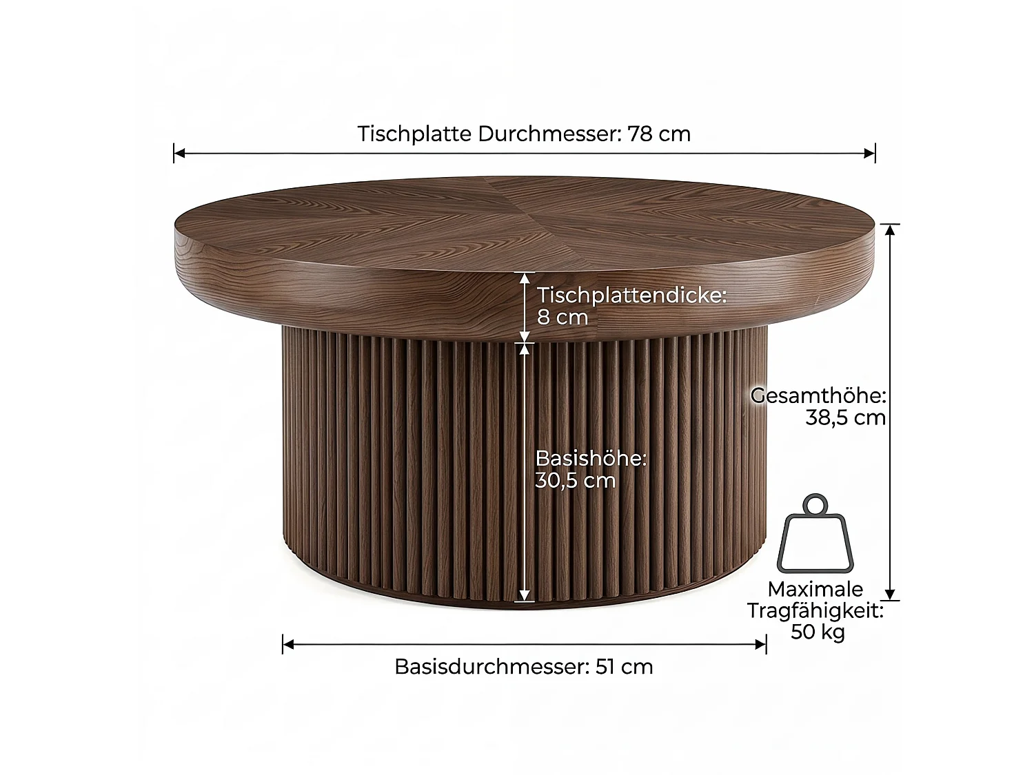 Tavolino basso rotondo diametro 78 cm finitura marrone per soggiorno, piano parquet spessore 8 cm, base cilindrica scanalata