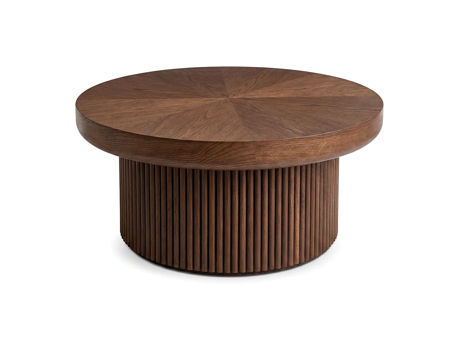 Tavolino basso rotondo diametro 78 cm finitura marrone per soggiorno, piano parquet spessore 8 cm, base cilindrica scanalata