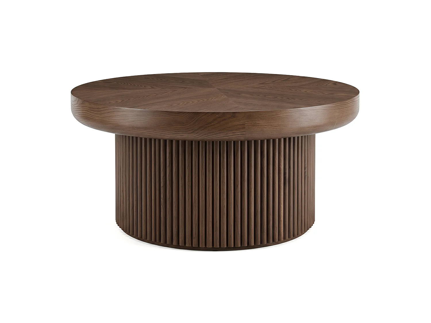 Tavolino basso rotondo diametro 78 cm finitura marrone per soggiorno, piano parquet spessore 8 cm, base cilindrica scanalata