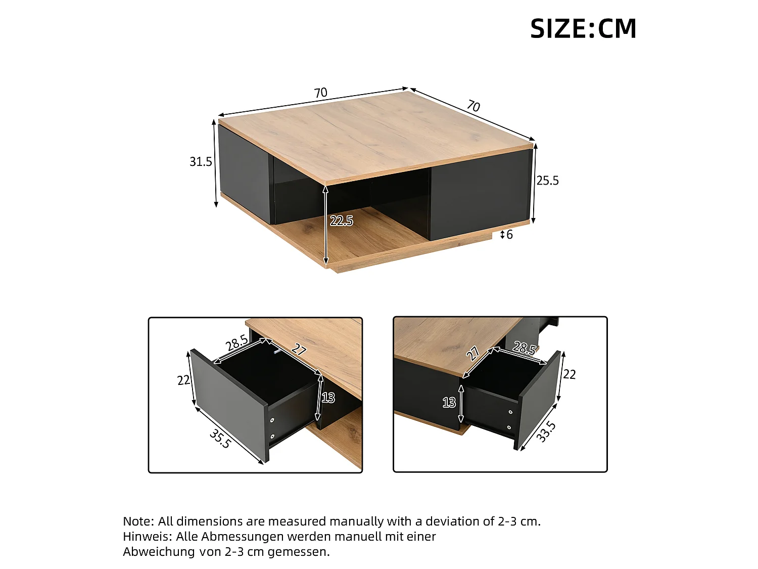 Tavolino quadrato 70 x 70 x 31,5 cm finitura lucida nero e noce per soggiorno con 3 cassetti e nicchia ripostiglio