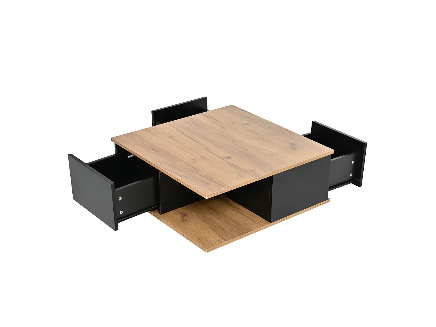 Tavolino quadrato 70 x 70 x 31,5 cm finitura lucida nero e noce per soggiorno con 3 cassetti e nicchia ripostiglio