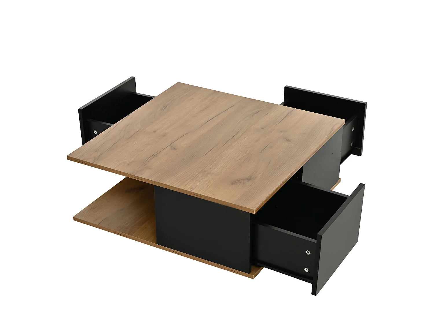 Tavolino quadrato 70 x 70 x 31,5 cm finitura lucida nero e noce per soggiorno con 3 cassetti e nicchia ripostiglio