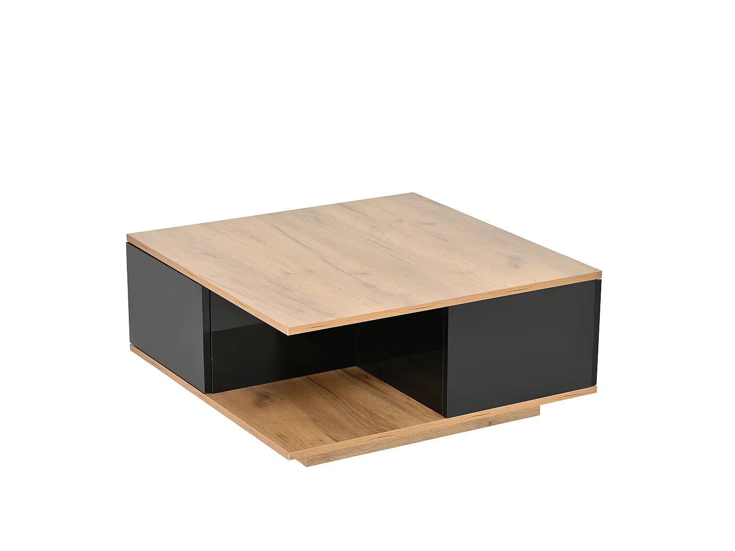 Tavolino quadrato 70 x 70 x 31,5 cm finitura lucida nero e noce per soggiorno con 3 cassetti e nicchia ripostiglio