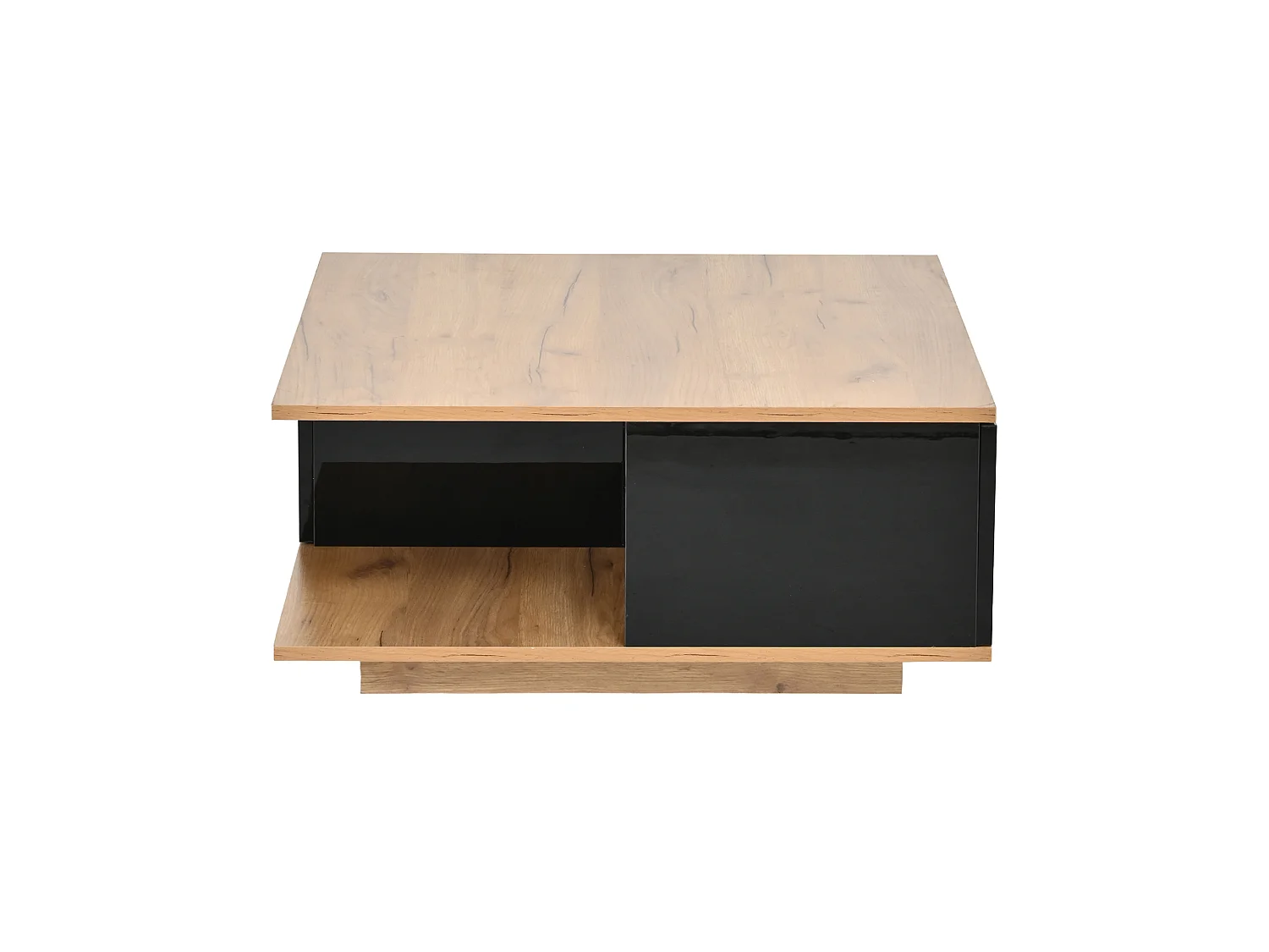 Tavolino quadrato 70 x 70 x 31,5 cm finitura lucida nero e noce per soggiorno con 3 cassetti e nicchia ripostiglio