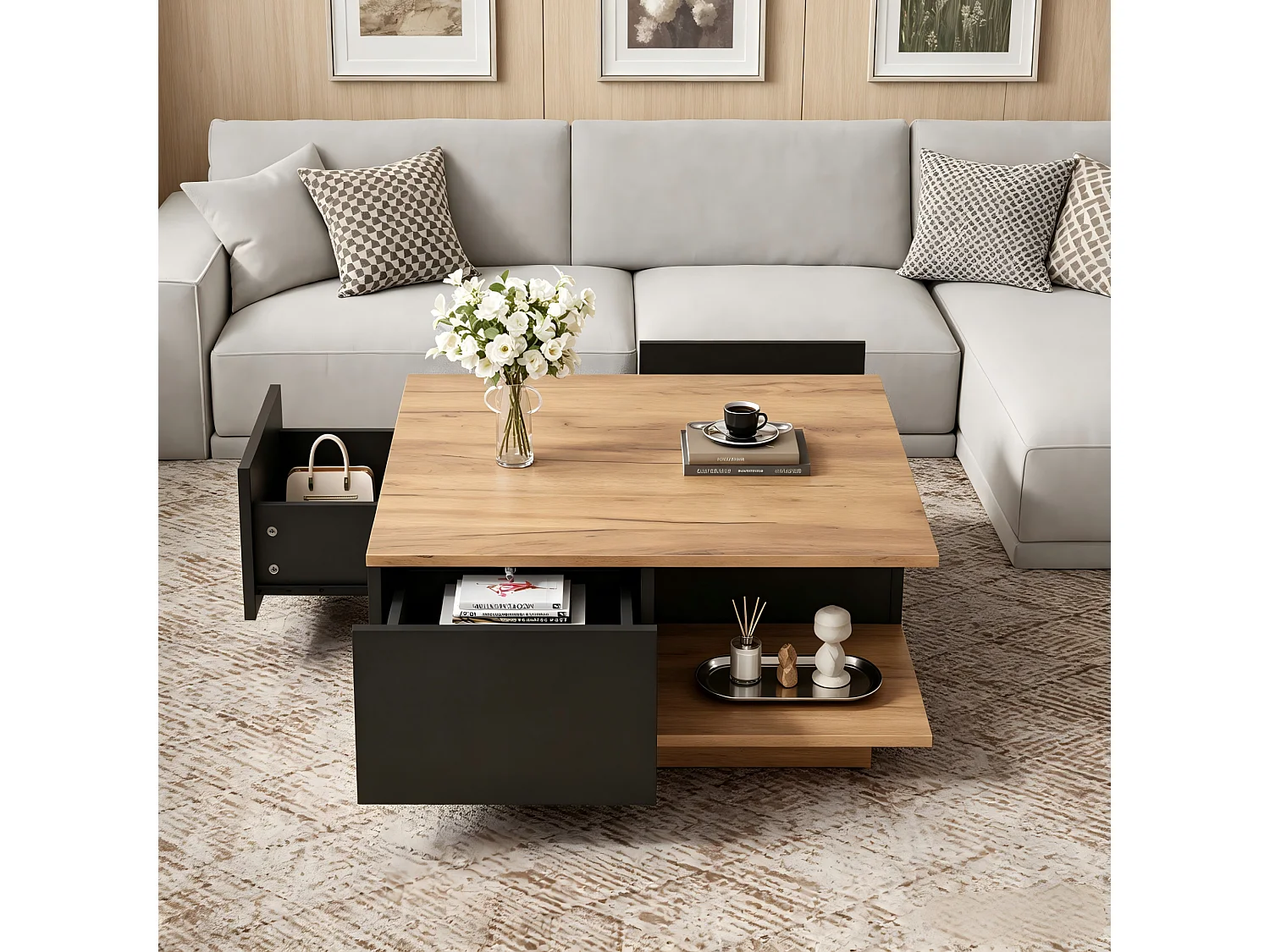 Tavolino quadrato 70 x 70 x 31,5 cm finitura lucida nero e noce per soggiorno con 3 cassetti e nicchia ripostiglio