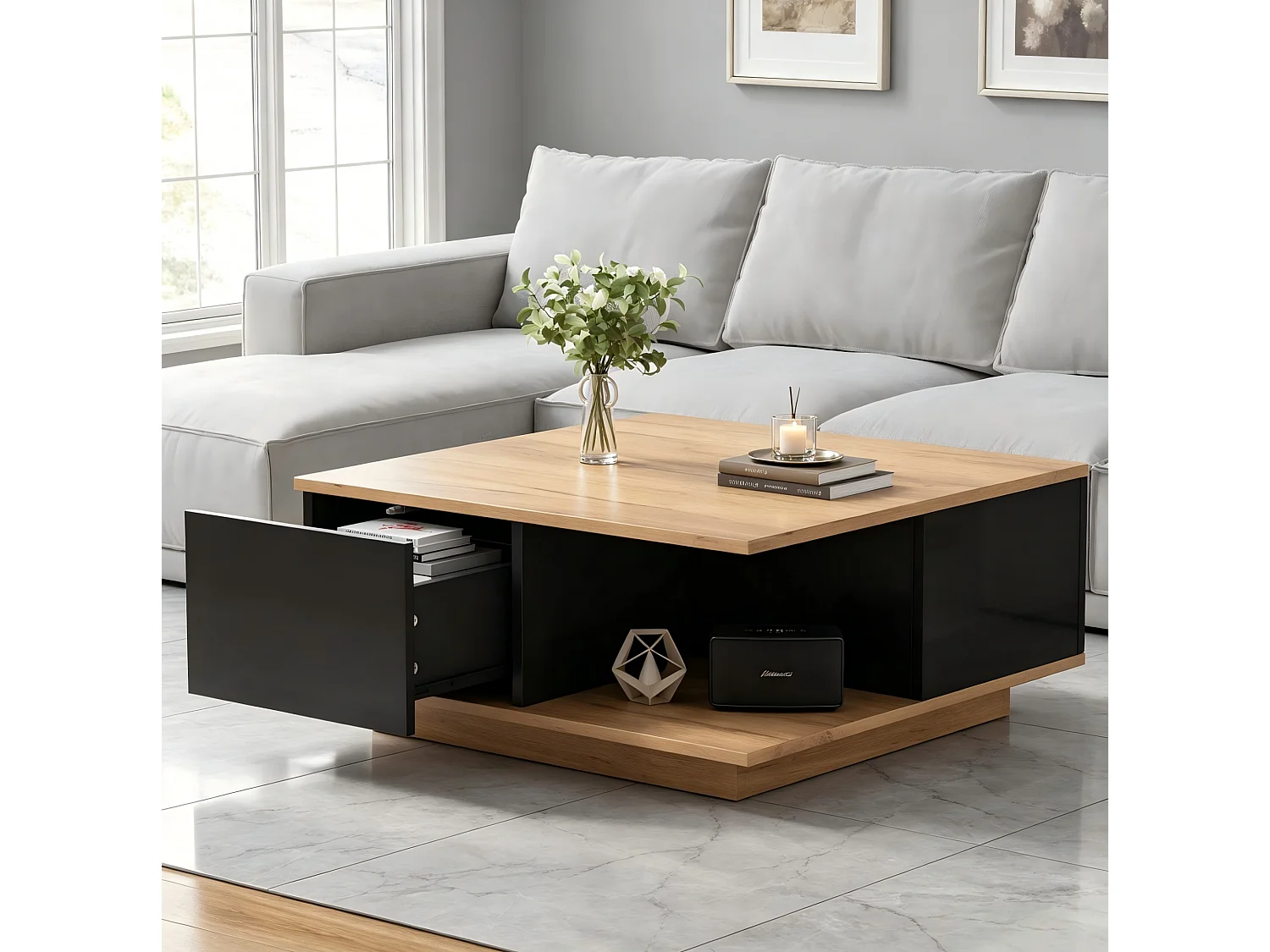Tavolino quadrato 70 x 70 x 31,5 cm finitura lucida nero e noce per soggiorno con 3 cassetti e nicchia ripostiglio