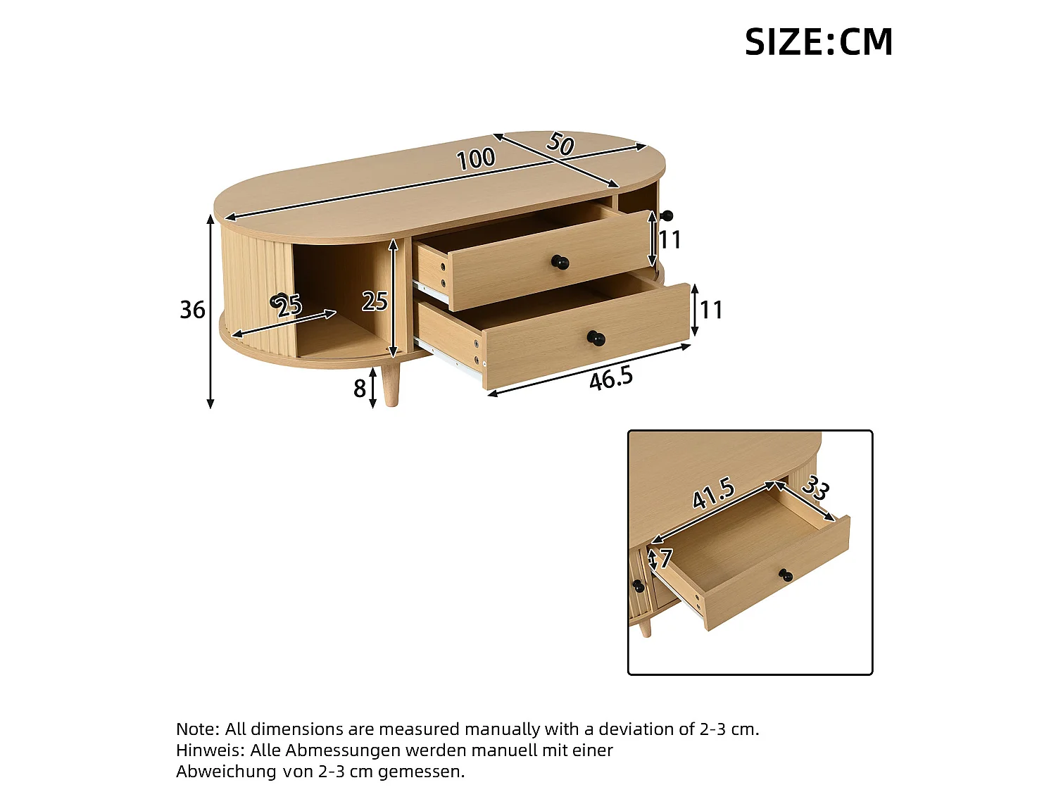 Table basse 100x50x36 cm effet bois clair pour salon, portes tambour, 2 tiroirs, rangement discret, pieds bois massif