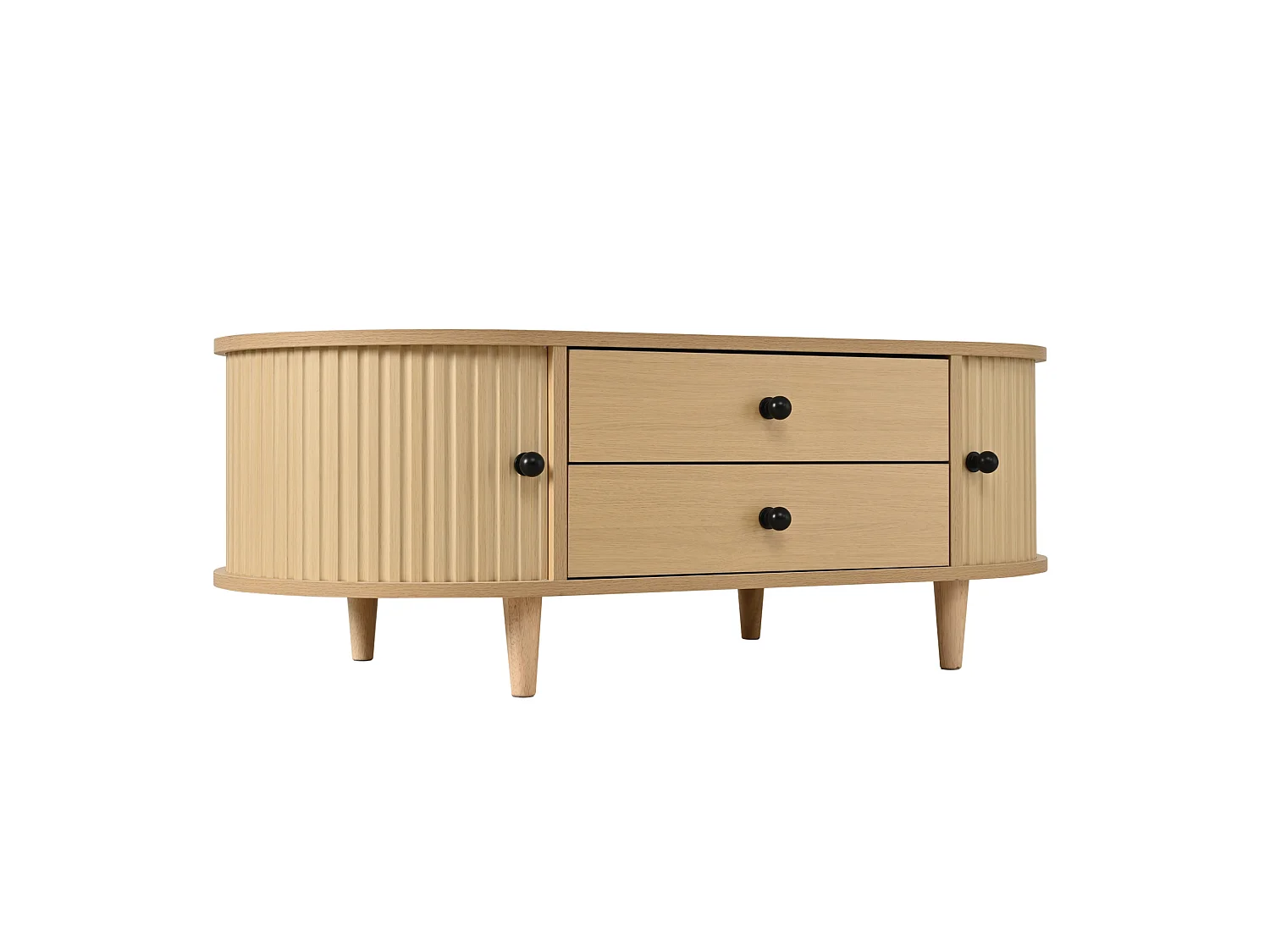 Table basse 100x50x36 cm effet bois clair pour salon, portes tambour, 2 tiroirs, rangement discret, pieds bois massif