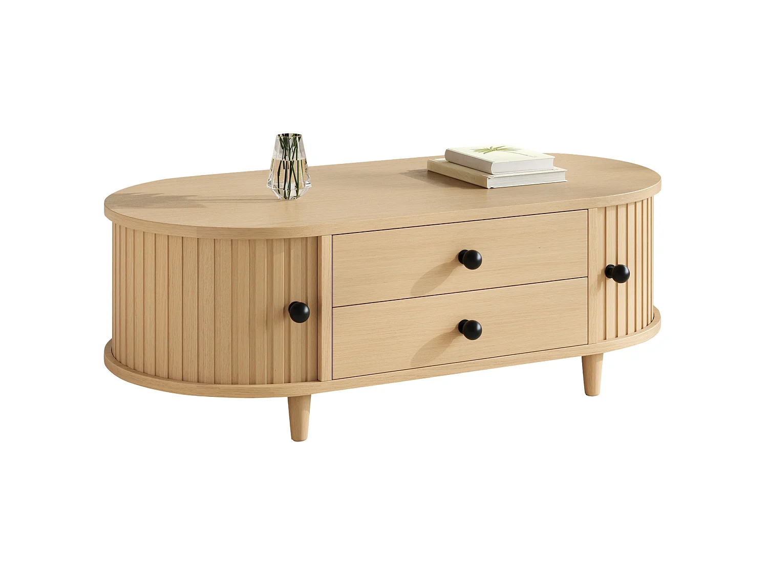 Table basse 100x50x36 cm effet bois clair pour salon, portes tambour, 2 tiroirs, rangement discret, pieds bois massif