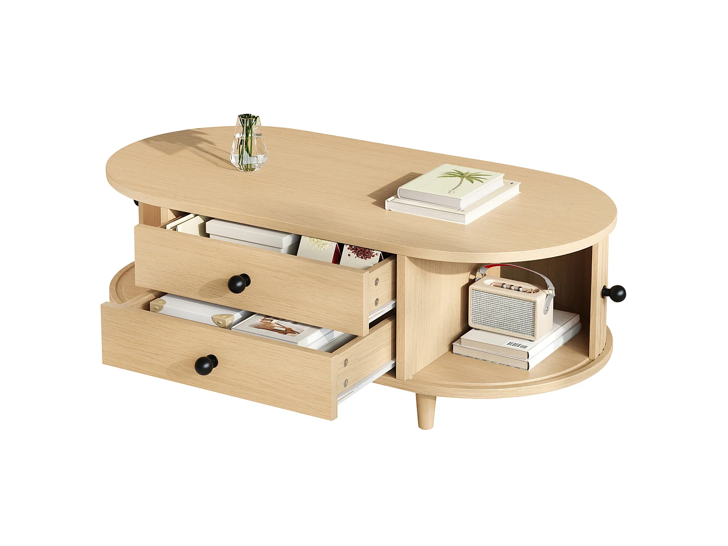 Table basse 100x50x36 cm effet bois clair pour salon, portes tambour, 2 tiroirs, rangement discret, pieds bois massif
