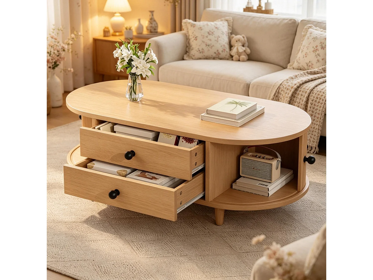 Table basse 100x50x36 cm effet bois clair pour salon, portes tambour, 2 tiroirs, rangement discret, pieds bois massif