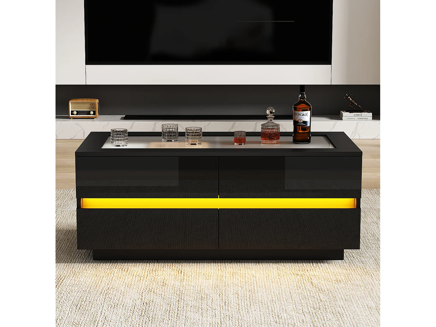 Tavolino basso 100x50x40 cm nero finitura lucida piano vetro temperato, illuminazione led integrata e 4 cassetti per soggiorno