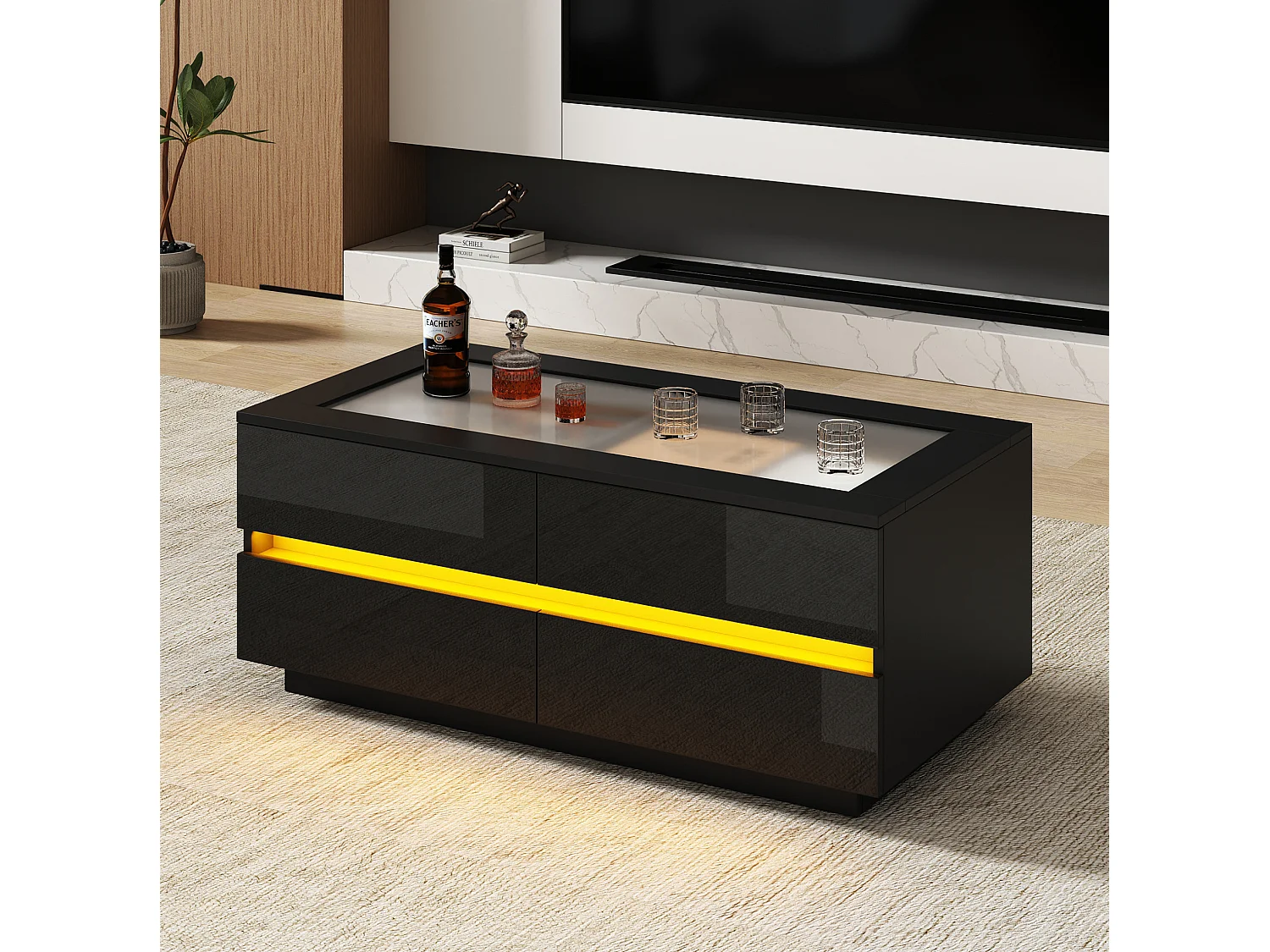 Tavolino basso 100x50x40 cm nero finitura lucida piano vetro temperato, illuminazione led integrata e 4 cassetti per soggiorno