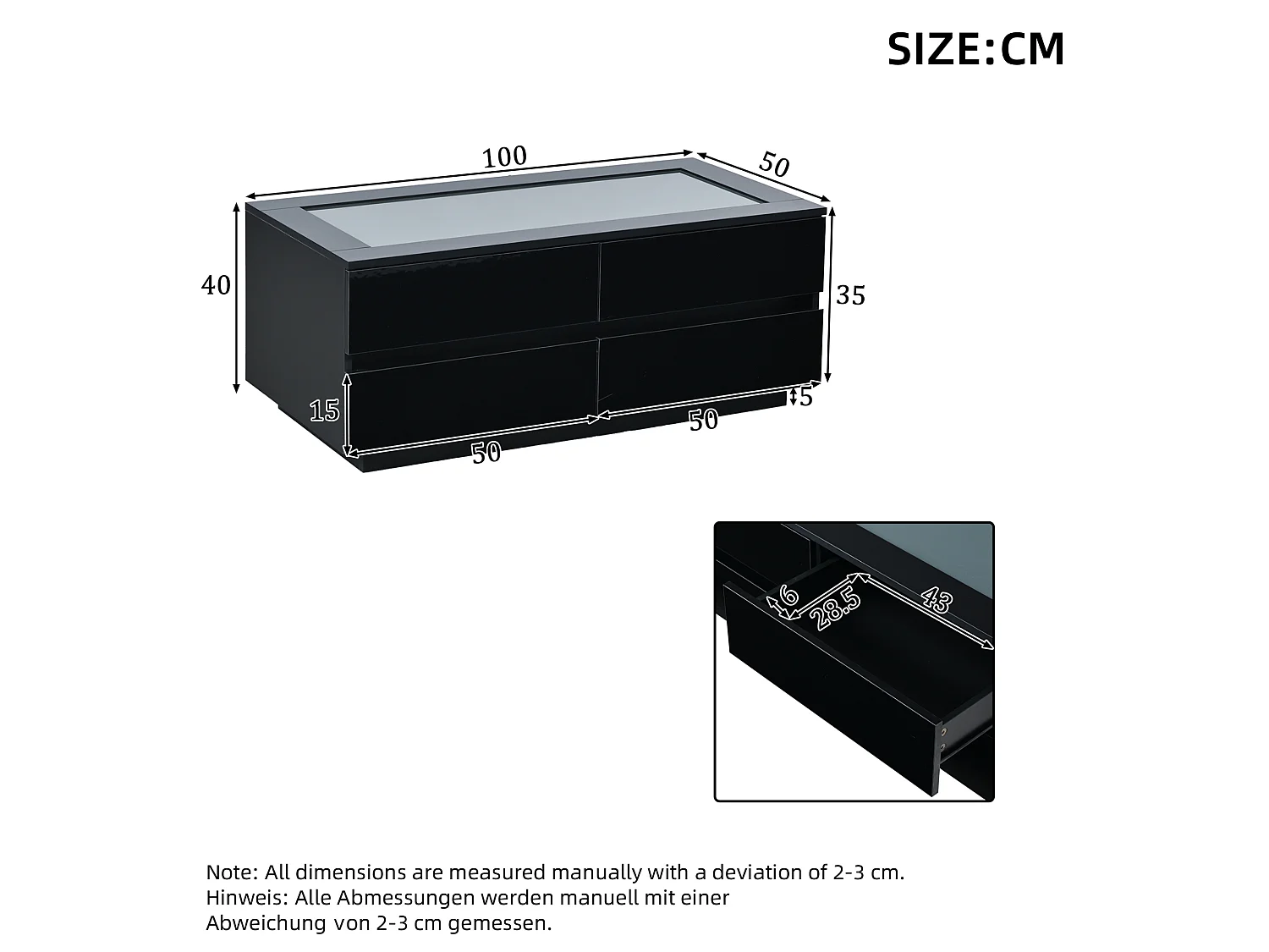 Tavolino basso 100x50x40 cm nero finitura lucida piano vetro temperato, illuminazione led integrata e 4 cassetti per soggiorno