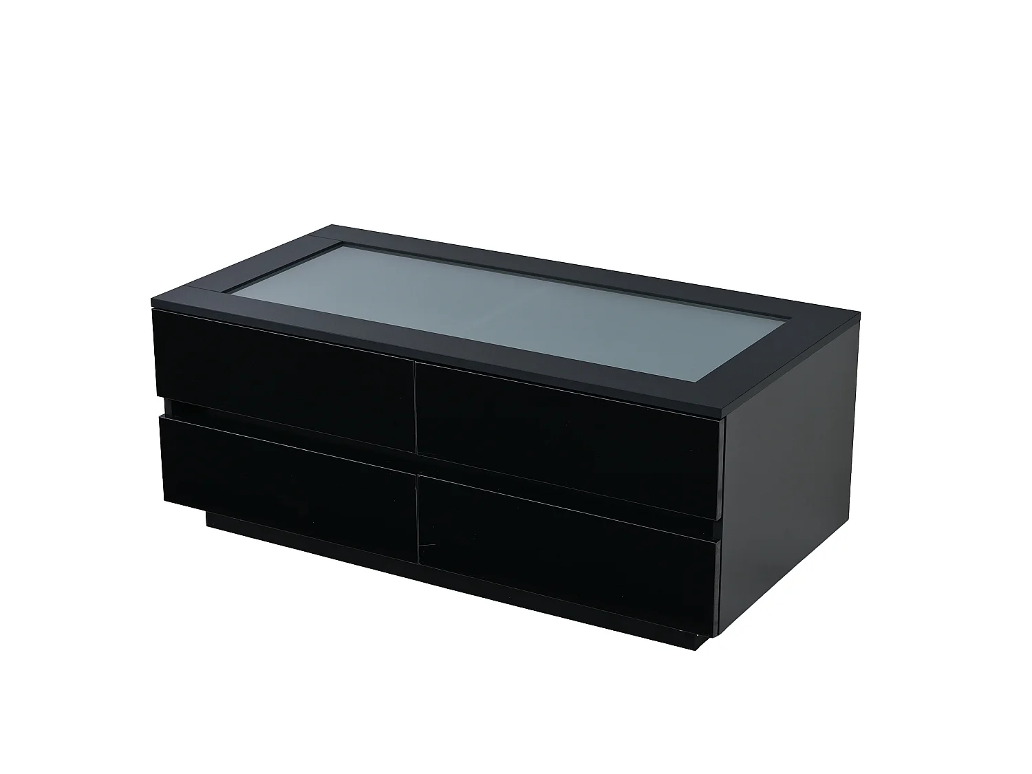 Tavolino basso 100x50x40 cm nero finitura lucida piano vetro temperato, illuminazione led integrata e 4 cassetti per soggiorno