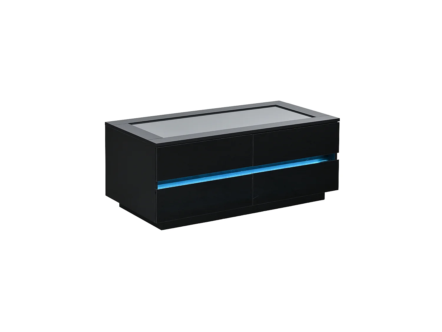 Tavolino basso 100x50x40 cm nero finitura lucida piano vetro temperato, illuminazione led integrata e 4 cassetti per soggiorno