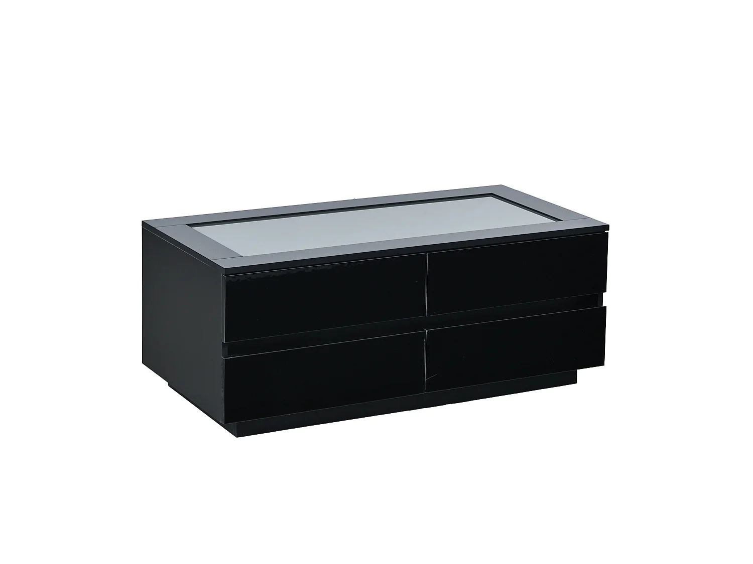 Tavolino basso 100x50x40 cm nero finitura lucida piano vetro temperato, illuminazione led integrata e 4 cassetti per soggiorno