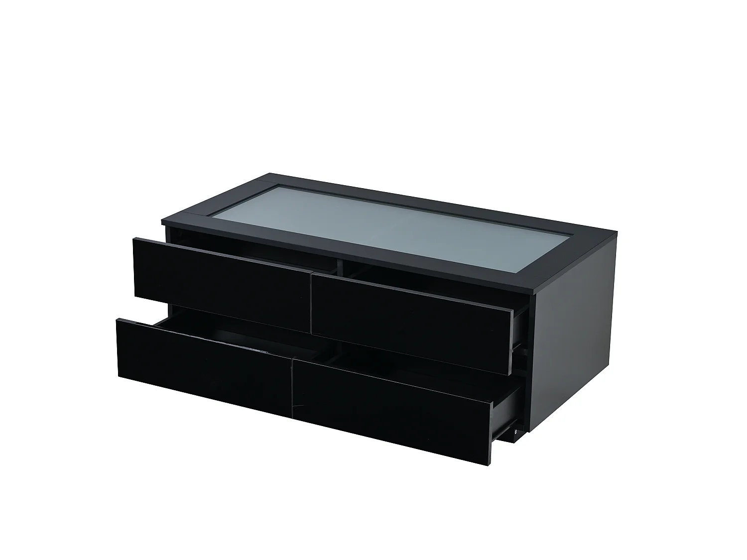 Tavolino basso 100x50x40 cm nero finitura lucida piano vetro temperato, illuminazione led integrata e 4 cassetti per soggiorno