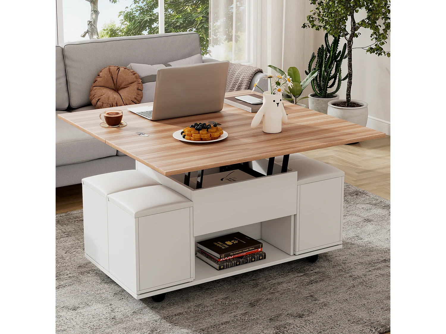 Tavolino sollevabile quadrato 100x50x48 cm bianco legno naturale soggiorno con 4 sgabelli, ripostiglio e ruote mobili