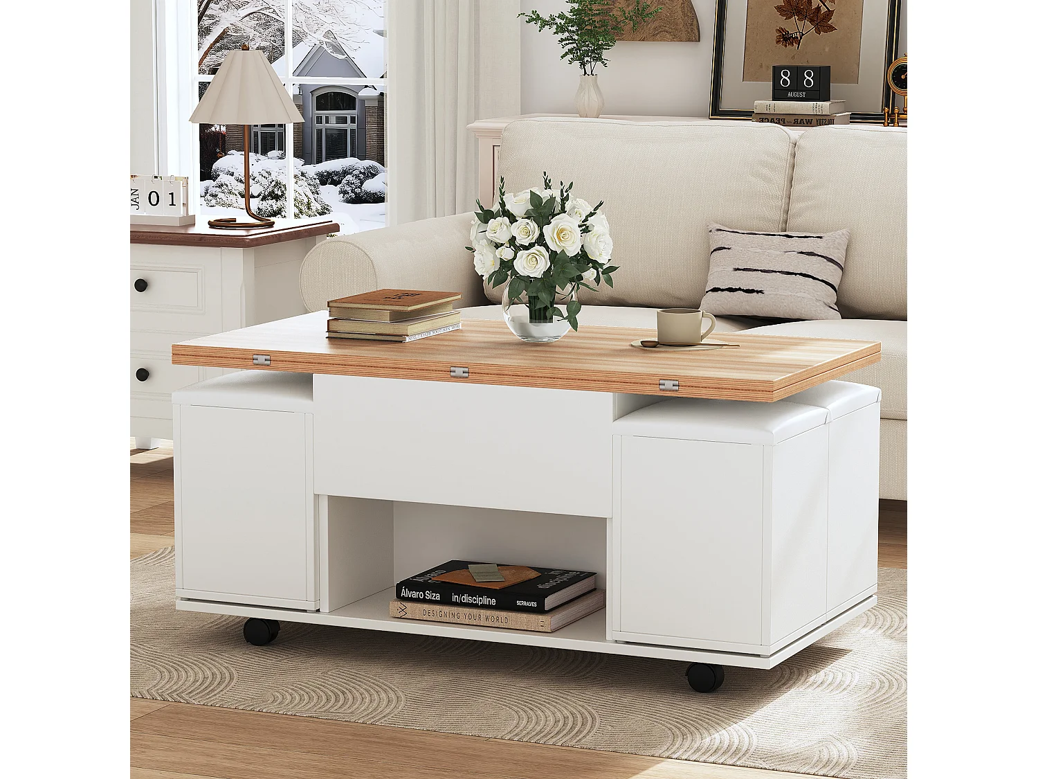 Tavolino sollevabile quadrato 100x50x48 cm bianco legno naturale soggiorno con 4 sgabelli, ripostiglio e ruote mobili