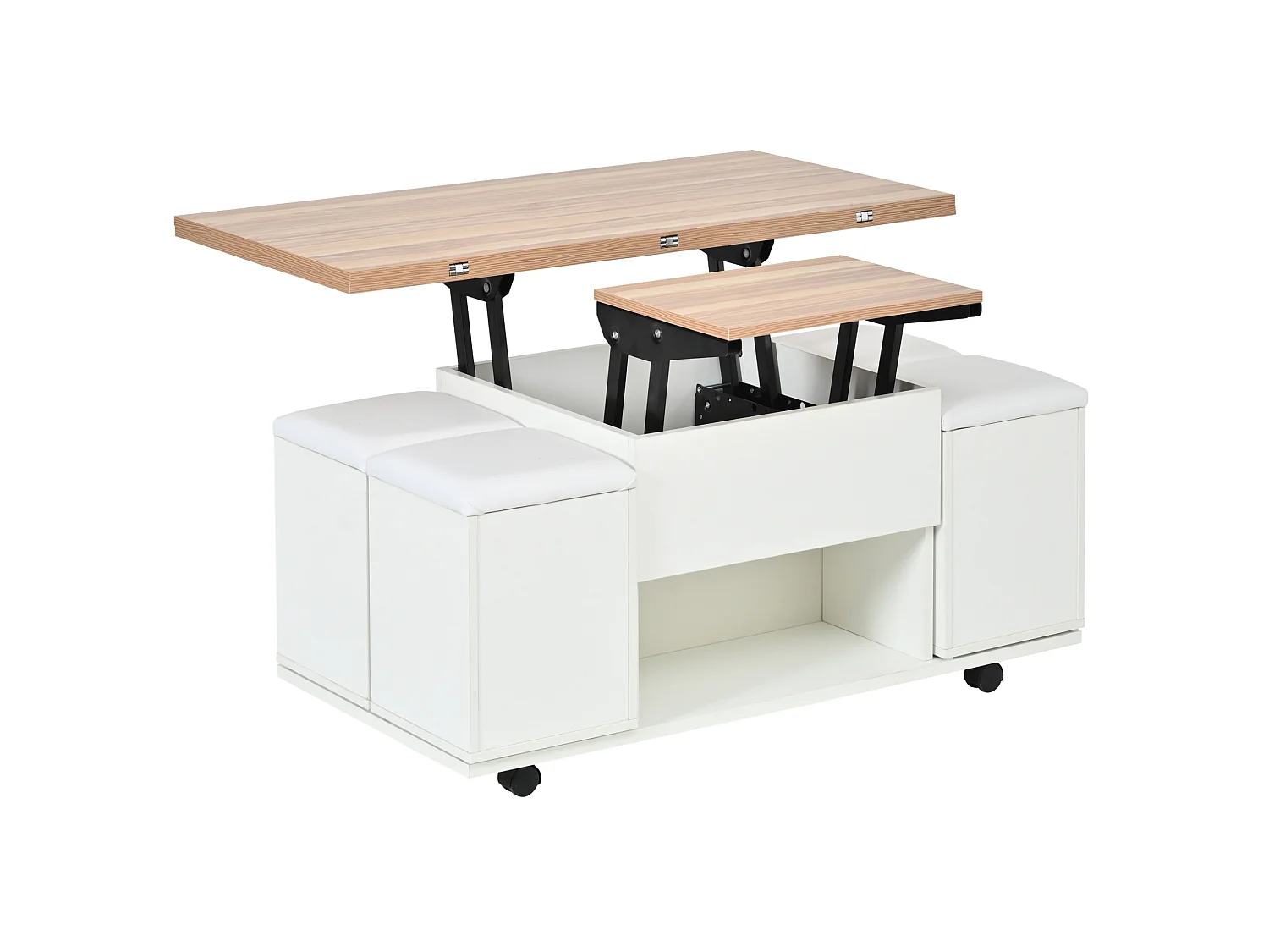 Tavolino sollevabile quadrato 100x50x48 cm bianco legno naturale soggiorno con 4 sgabelli, ripostiglio e ruote mobili