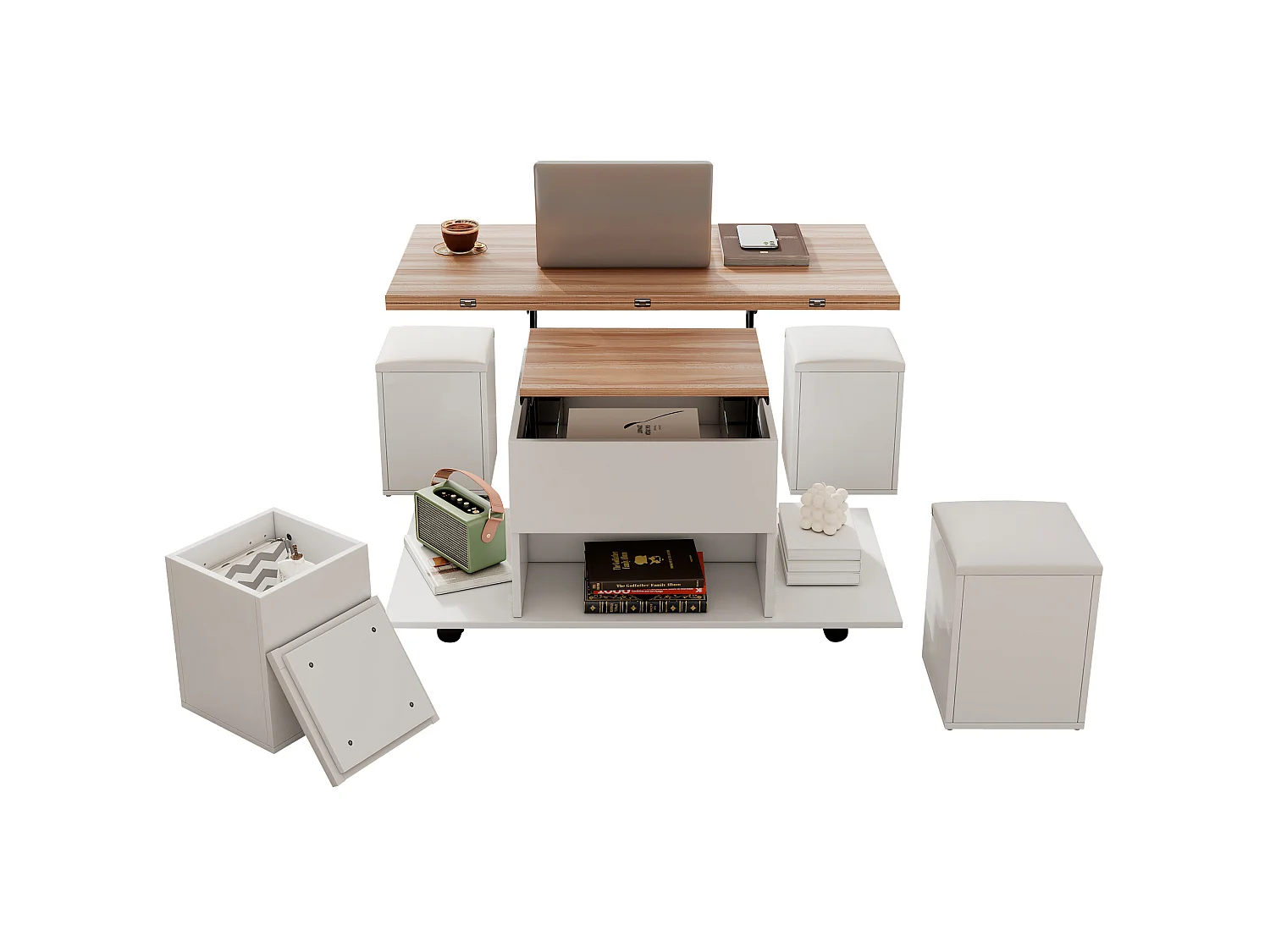 Tavolino sollevabile quadrato 100x50x48 cm bianco legno naturale soggiorno con 4 sgabelli, ripostiglio e ruote mobili