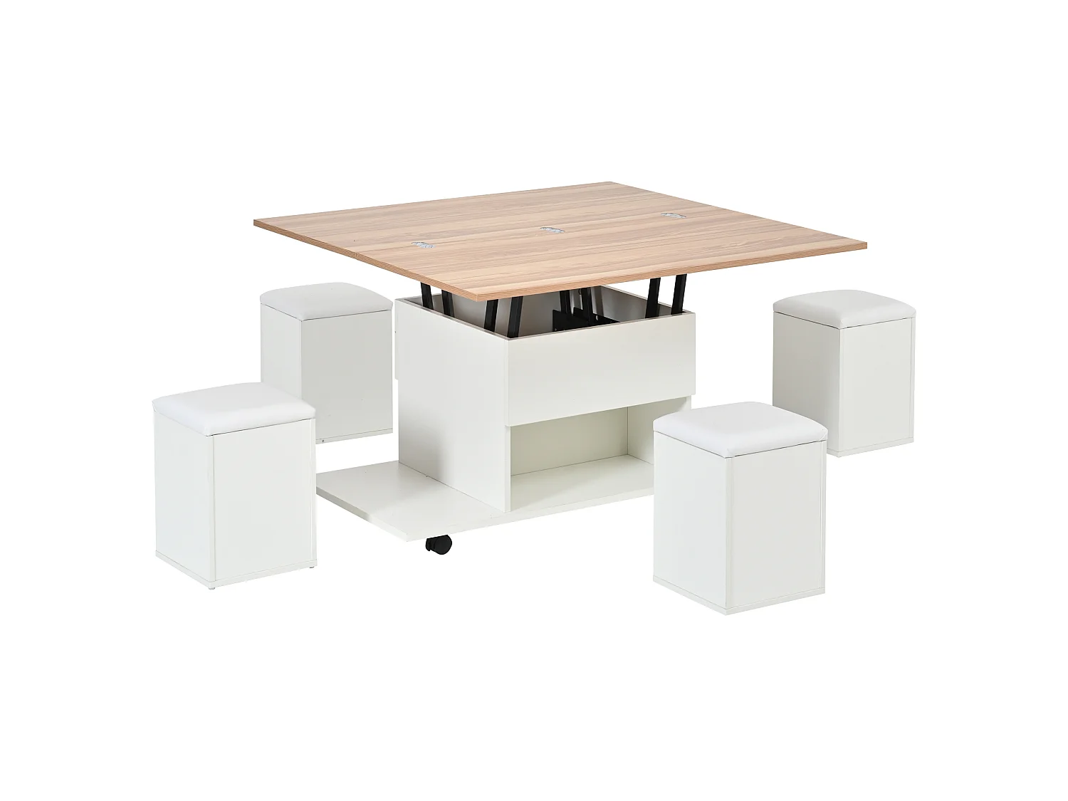 Tavolino sollevabile quadrato 100x50x48 cm bianco legno naturale soggiorno con 4 sgabelli, ripostiglio e ruote mobili