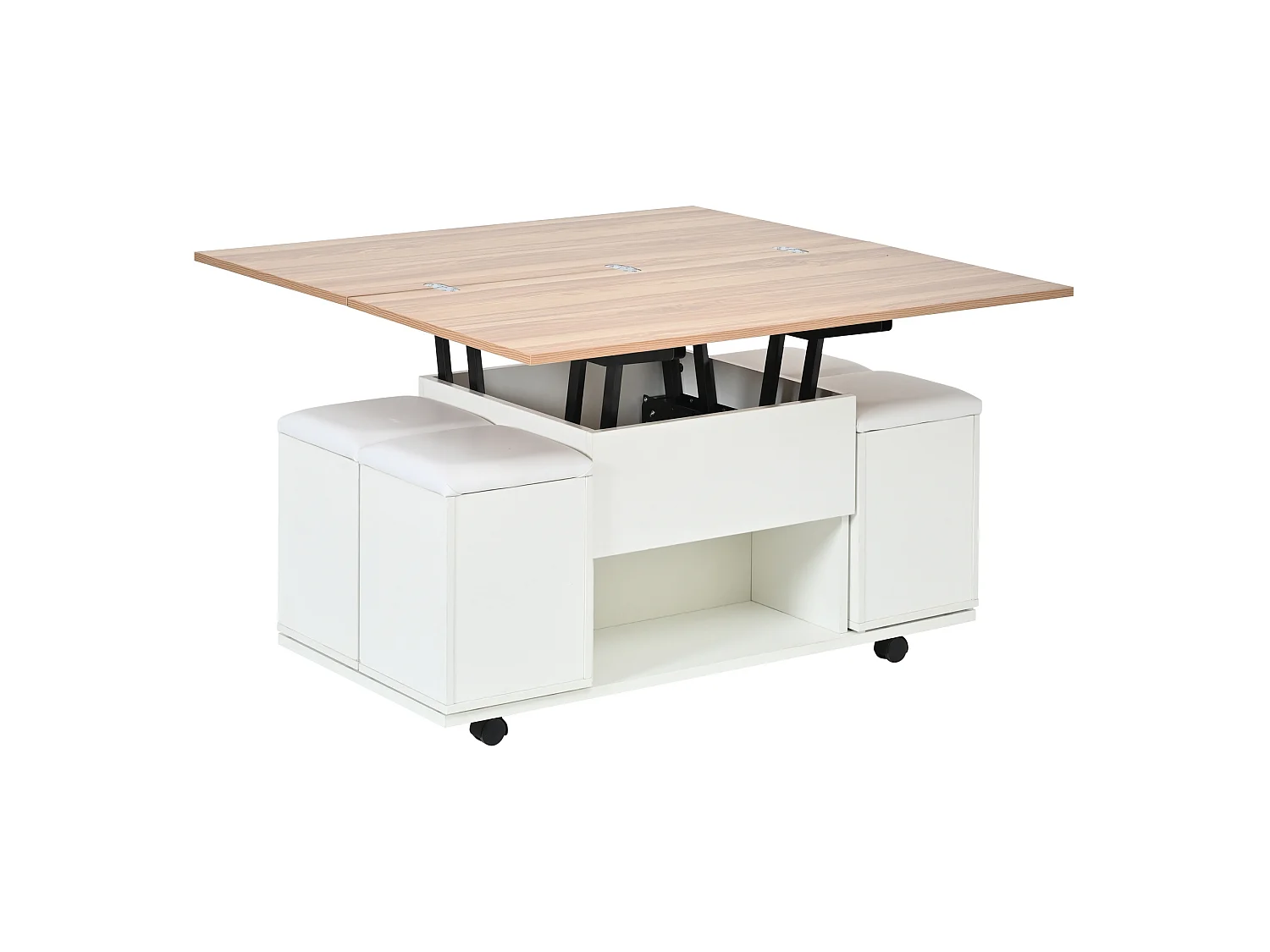 Tavolino sollevabile quadrato 100x50x48 cm bianco legno naturale soggiorno con 4 sgabelli, ripostiglio e ruote mobili