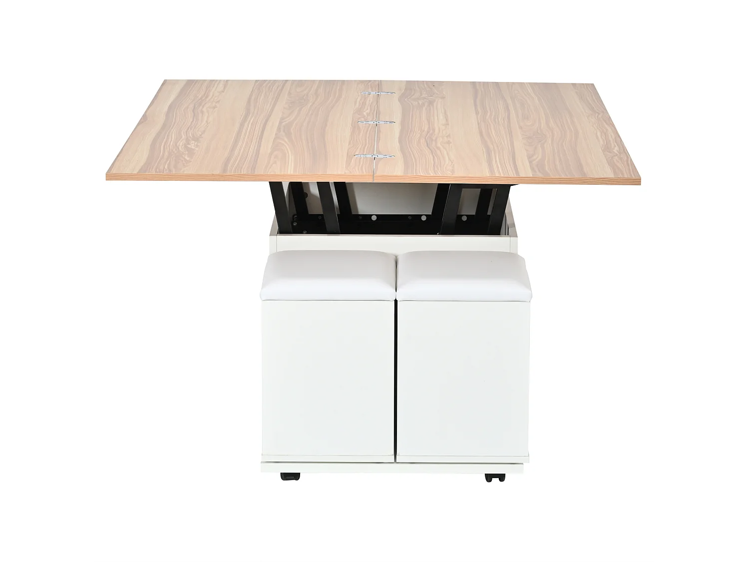 Tavolino sollevabile quadrato 100x50x48 cm bianco legno naturale soggiorno con 4 sgabelli, ripostiglio e ruote mobili