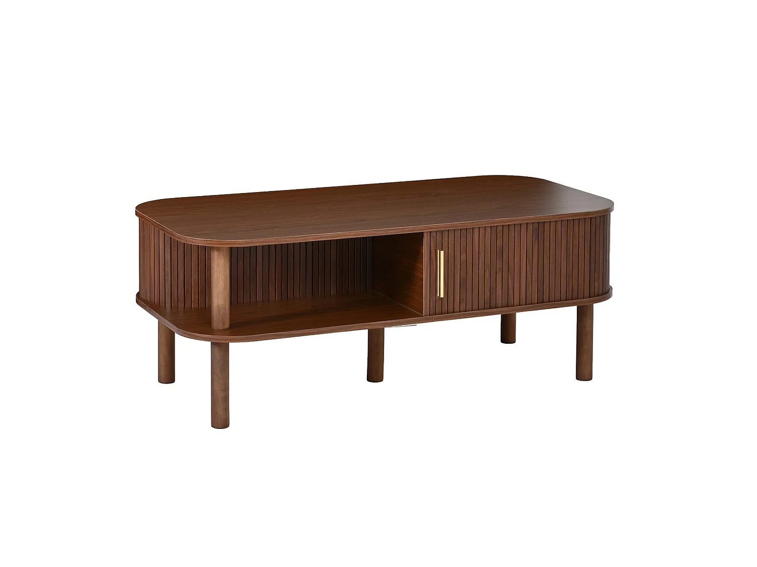 Tavolino basso 110x55x45 cm finitura marrone per soggiorno, anta scorrevole scanalata, vani ripostiglio e nicchia aperta