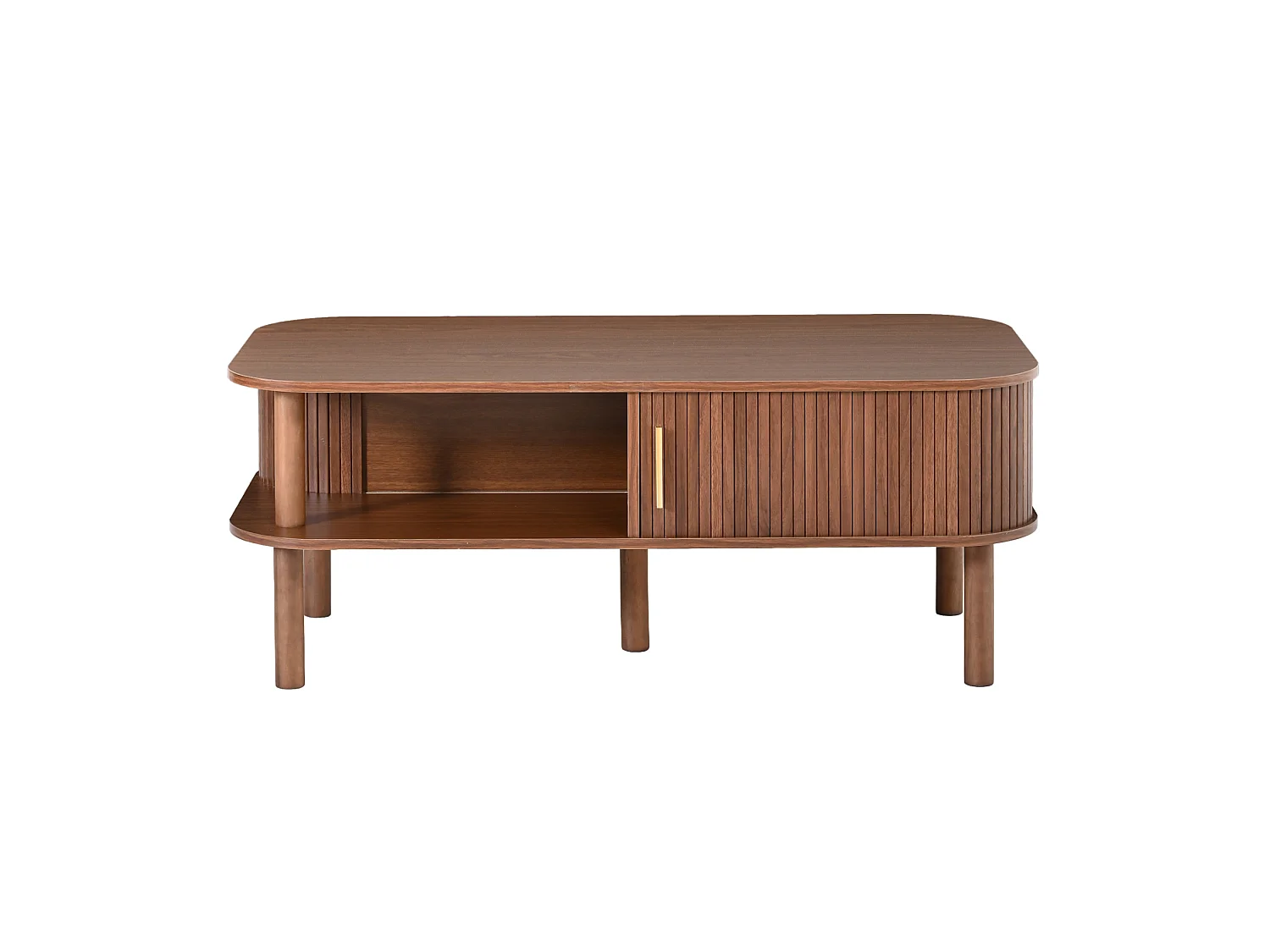Tavolino basso 110x55x45 cm finitura marrone per soggiorno, anta scorrevole scanalata, vani ripostiglio e nicchia aperta
