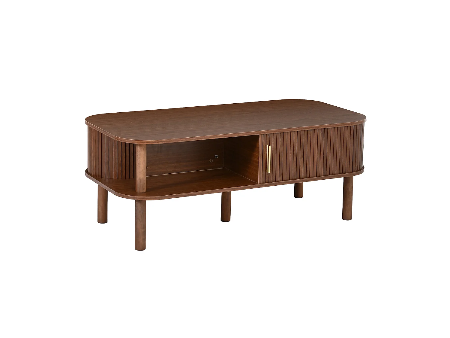 Tavolino basso 110x55x45 cm finitura marrone per soggiorno, anta scorrevole scanalata, vani ripostiglio e nicchia aperta