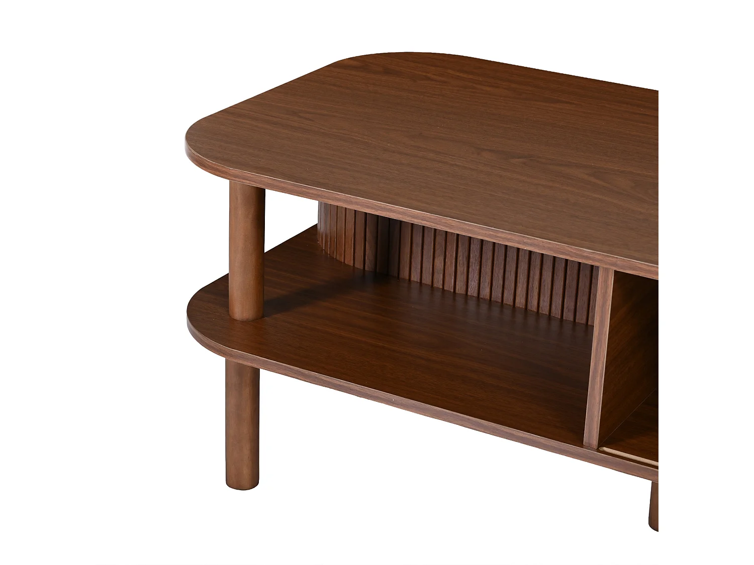Tavolino basso 110x55x45 cm finitura marrone per soggiorno, anta scorrevole scanalata, vani ripostiglio e nicchia aperta