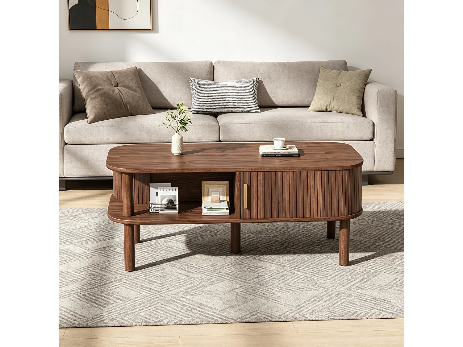 Tavolino basso 110x55x45 cm finitura marrone per soggiorno, anta scorrevole scanalata, vani ripostiglio e nicchia aperta