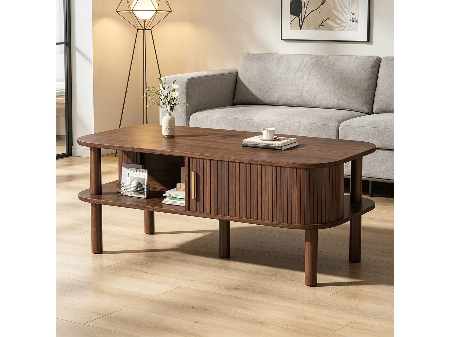 Tavolino basso 110x55x45 cm finitura marrone per soggiorno, anta scorrevole scanalata, vani ripostiglio e nicchia aperta