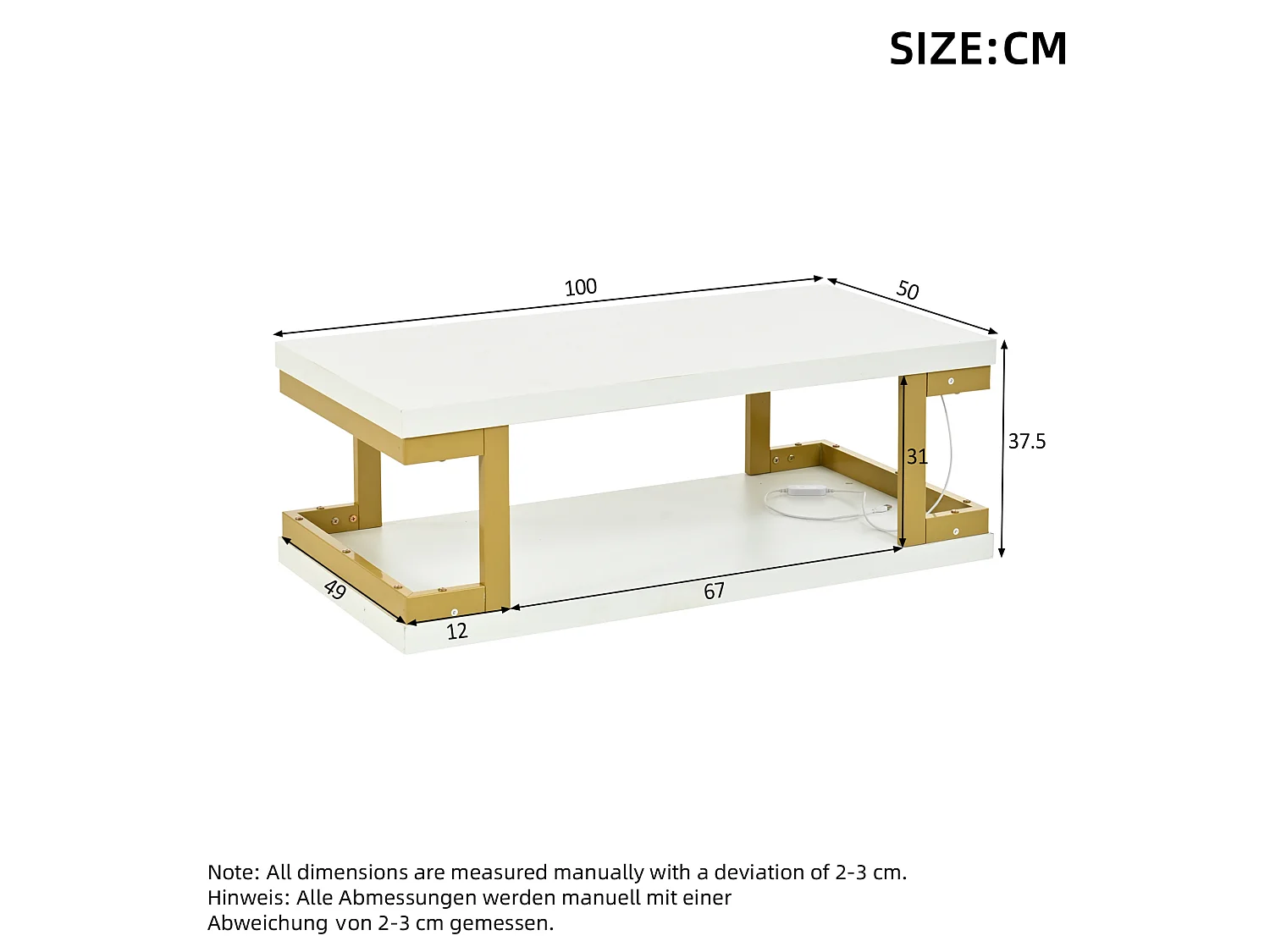 Tavolino basso 100x50x37,5 cm bianco opaco struttura dorata, illuminazione led, vani ripostiglio aperti su 2 livelli per soggiorno