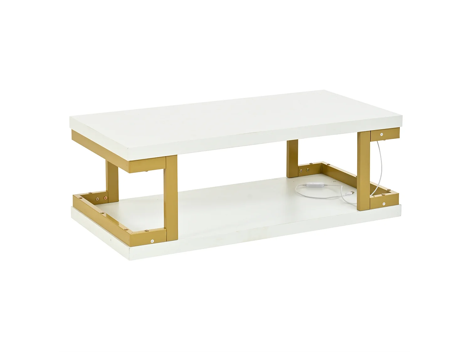 Tavolino basso 100x50x37,5 cm bianco opaco struttura dorata, illuminazione led, vani ripostiglio aperti su 2 livelli per soggiorno
